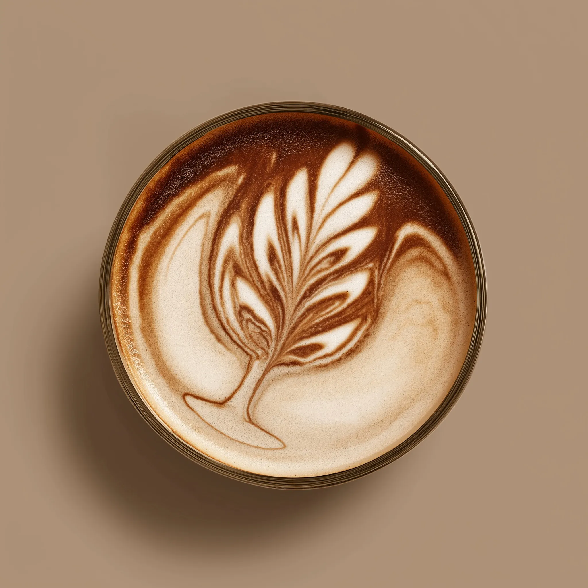 A top-down vector art style cappuccino with a wine glass outline latte art design on creamy foam.