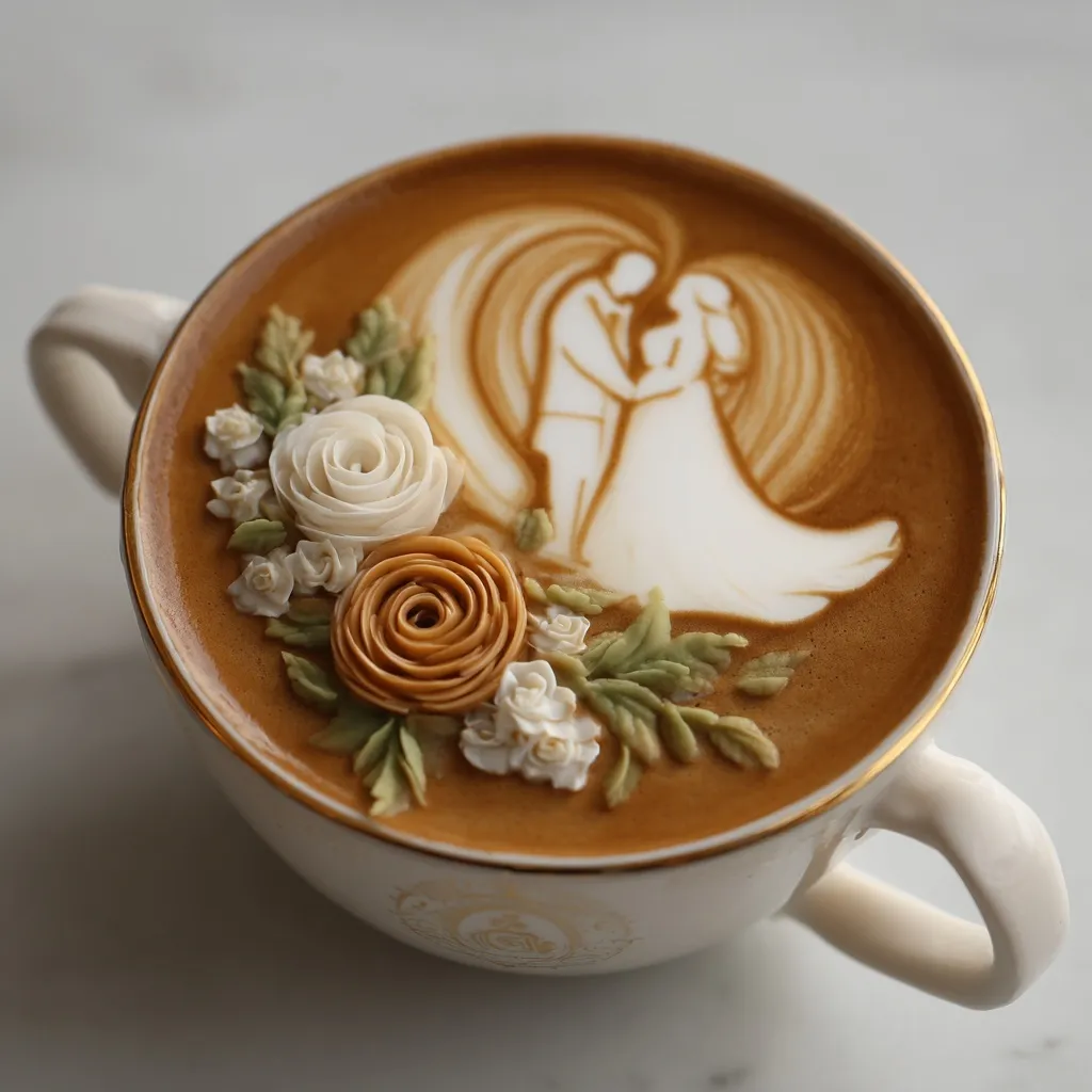 A professional barista pours delicate heart-shaped latte art into a cappuccino for a wedding celebration.