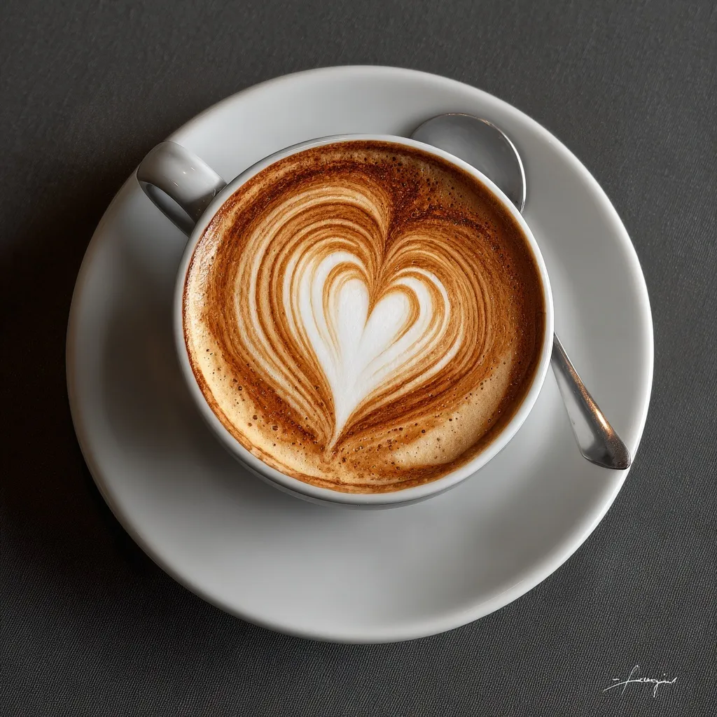 A professional close-up of a warm cappuccino with intricate heart-shaped latte art in a ceramic cafe cup.