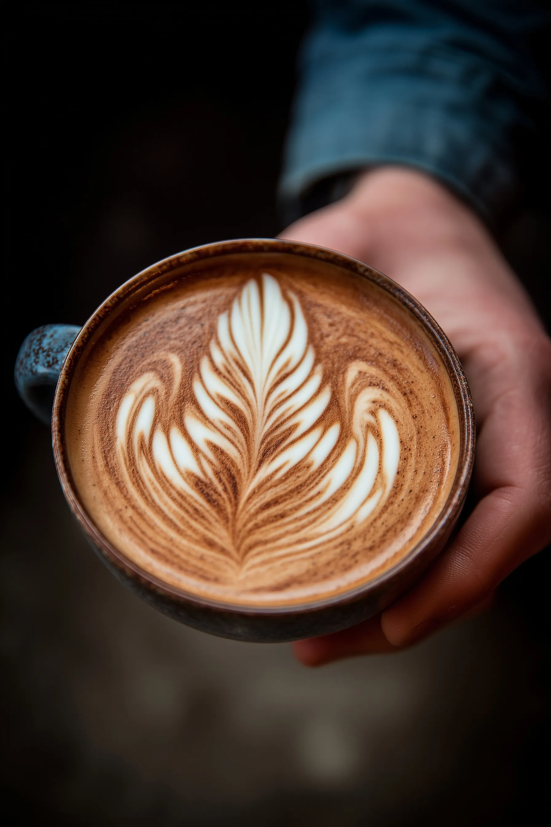 A close-up view of a professional cappuccino featuring intricate heart-shaped latte art in a ceramic cup.