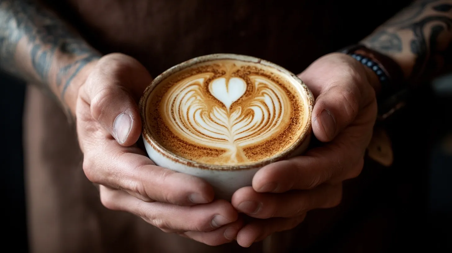 A barista holding a ceramic coffee cup featuring a failed attempt at professional latte art foam design.