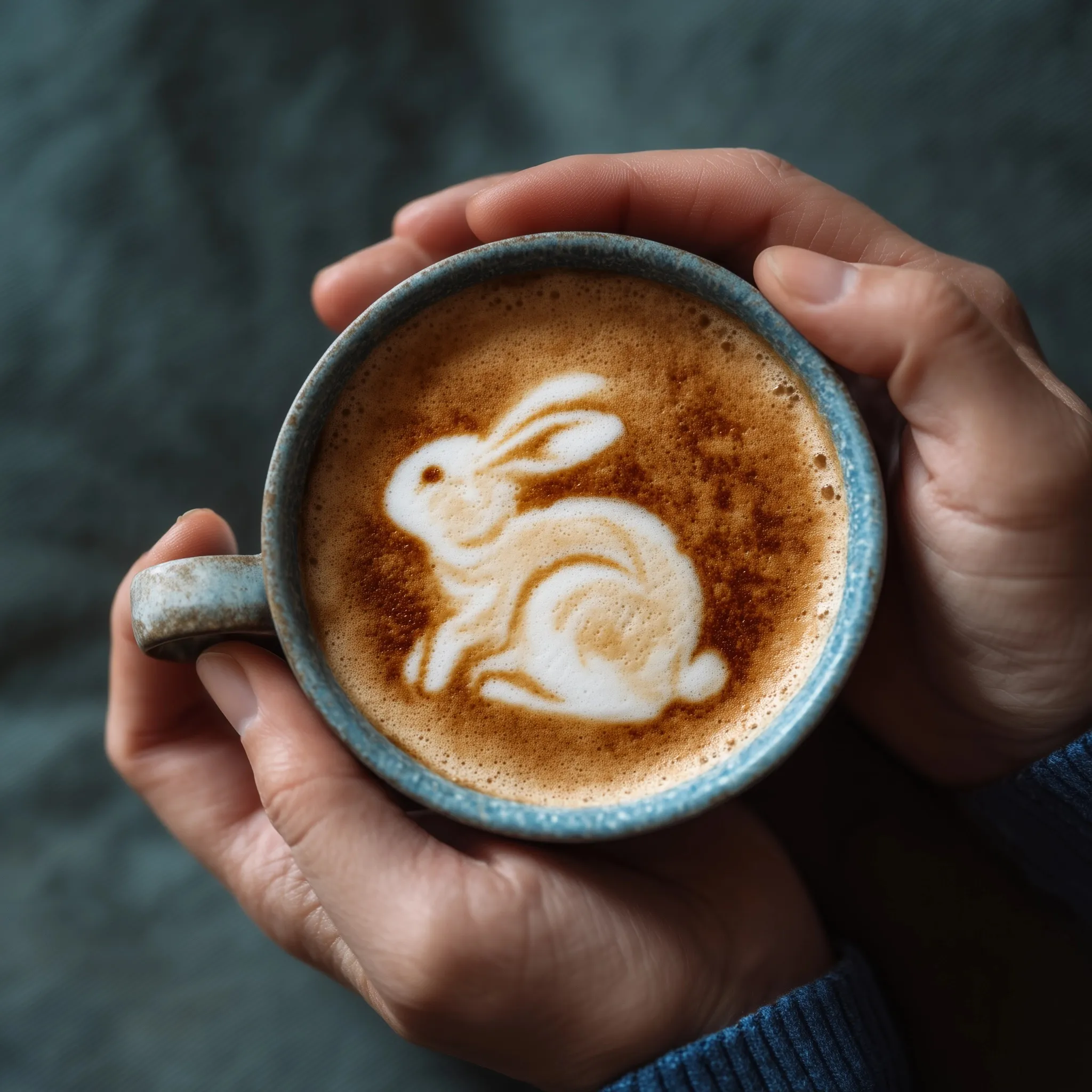 A person holding a cup of cappuccino with artistic rabbit latte art, viewed from above.