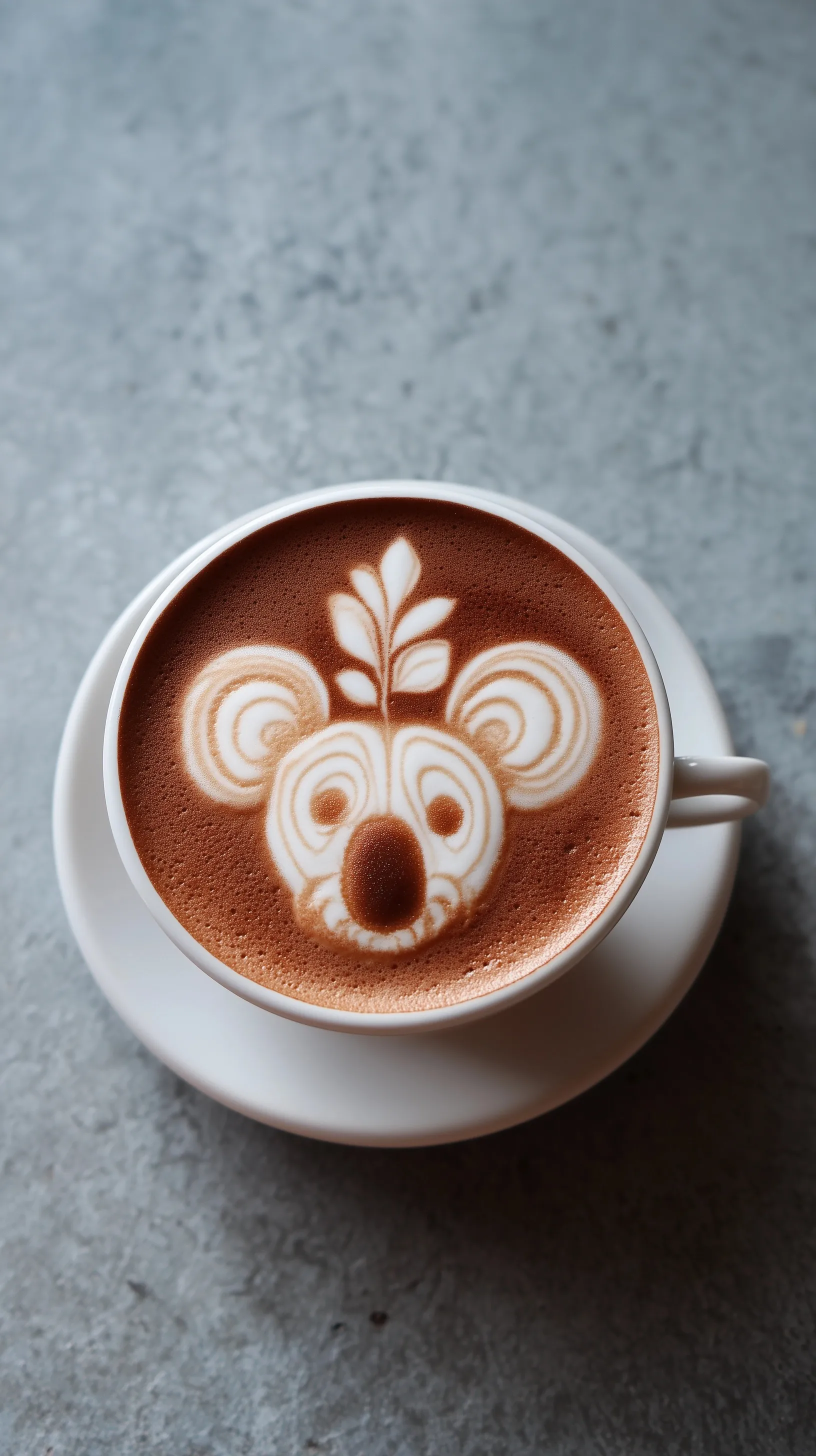 A cute koala barista pouring professional latte art shaped like eucalyptus leaves in a modern cafe setting.