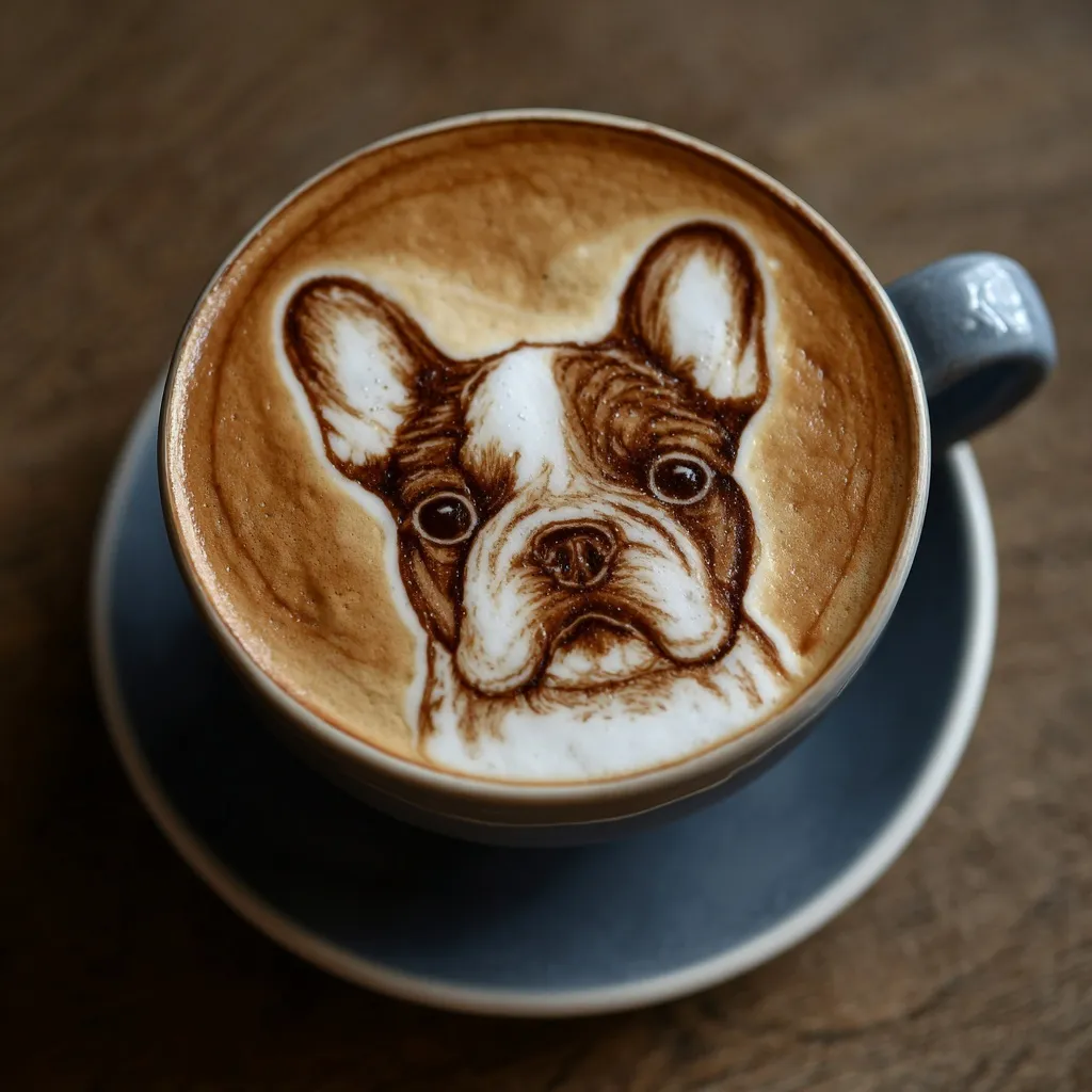 A close-up of a cup of coffee featuring intricate latte art shaped like a cute French Bulldog face.