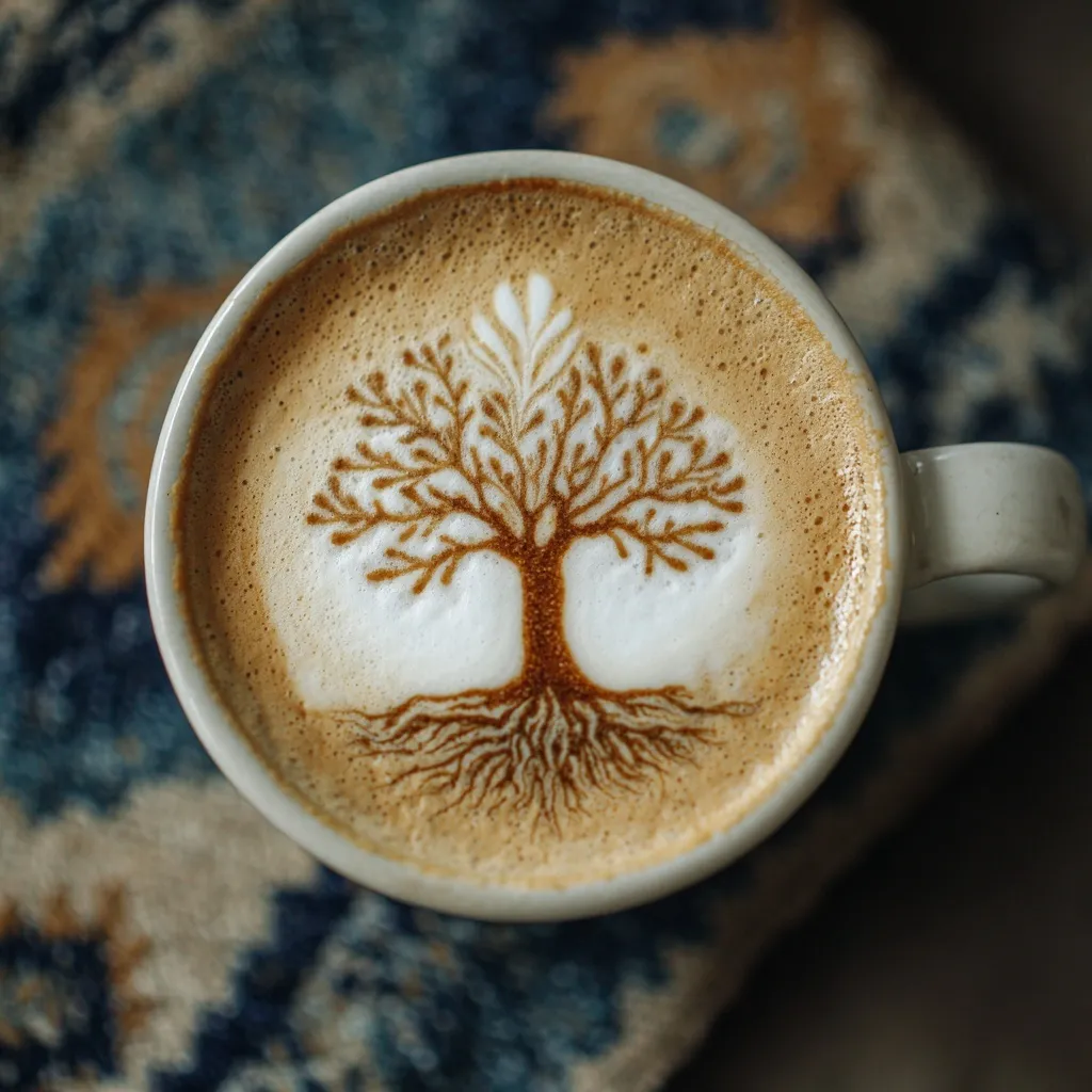 A cozy coffee tasting session featuring a fresh cappuccino with intricate tree of life latte art in the foam.