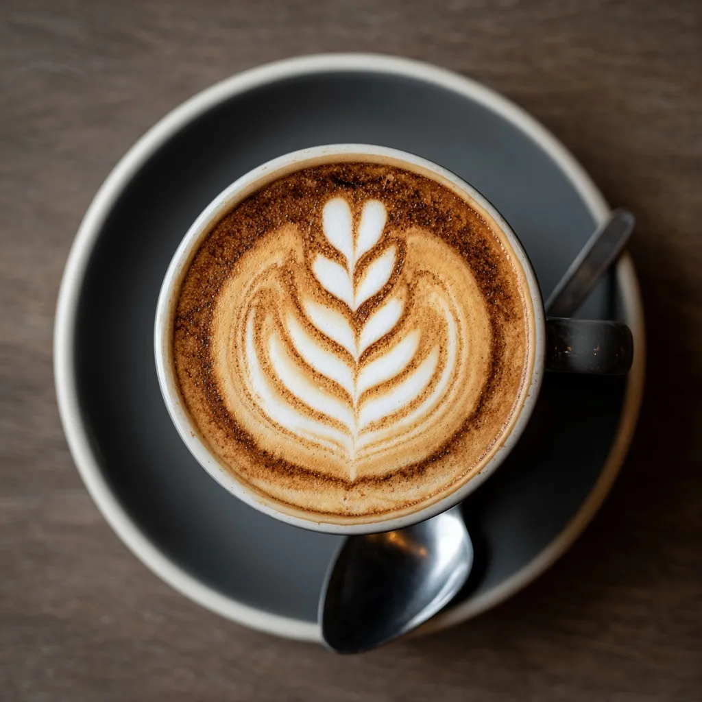 A top-down view of a fresh cappuccino with artistic leaf-pattern latte art in a ceramic cup on a wooden table.