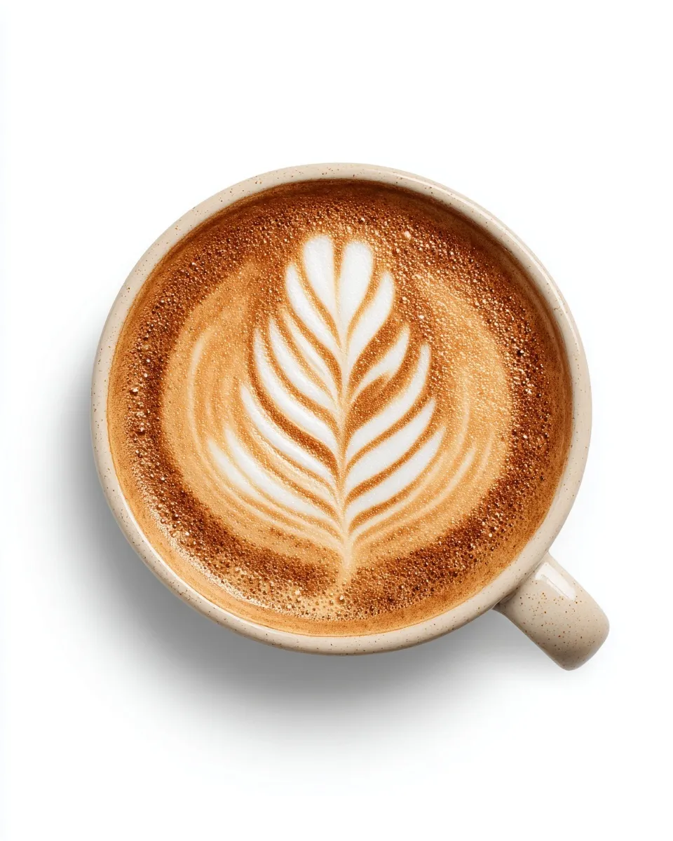 Top-down view of a cappuccino with latte art in a white ceramic cup isolated on a white background.