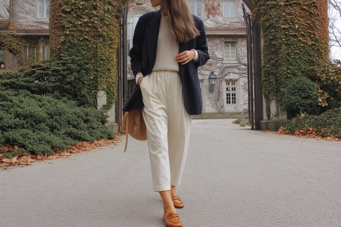 A stylish woman in a navy blazer, cream sweater, and pleated capri pants walking past an ivy-covered estate gate.