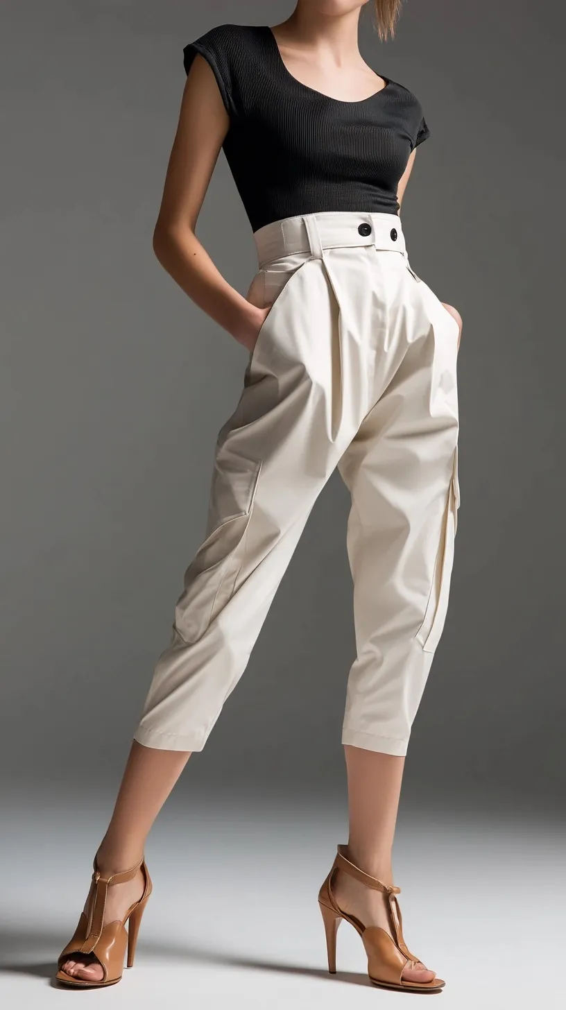 A woman wearing a high-rise, calf-length tapered capri pant outfit in a technical fabric blend.
