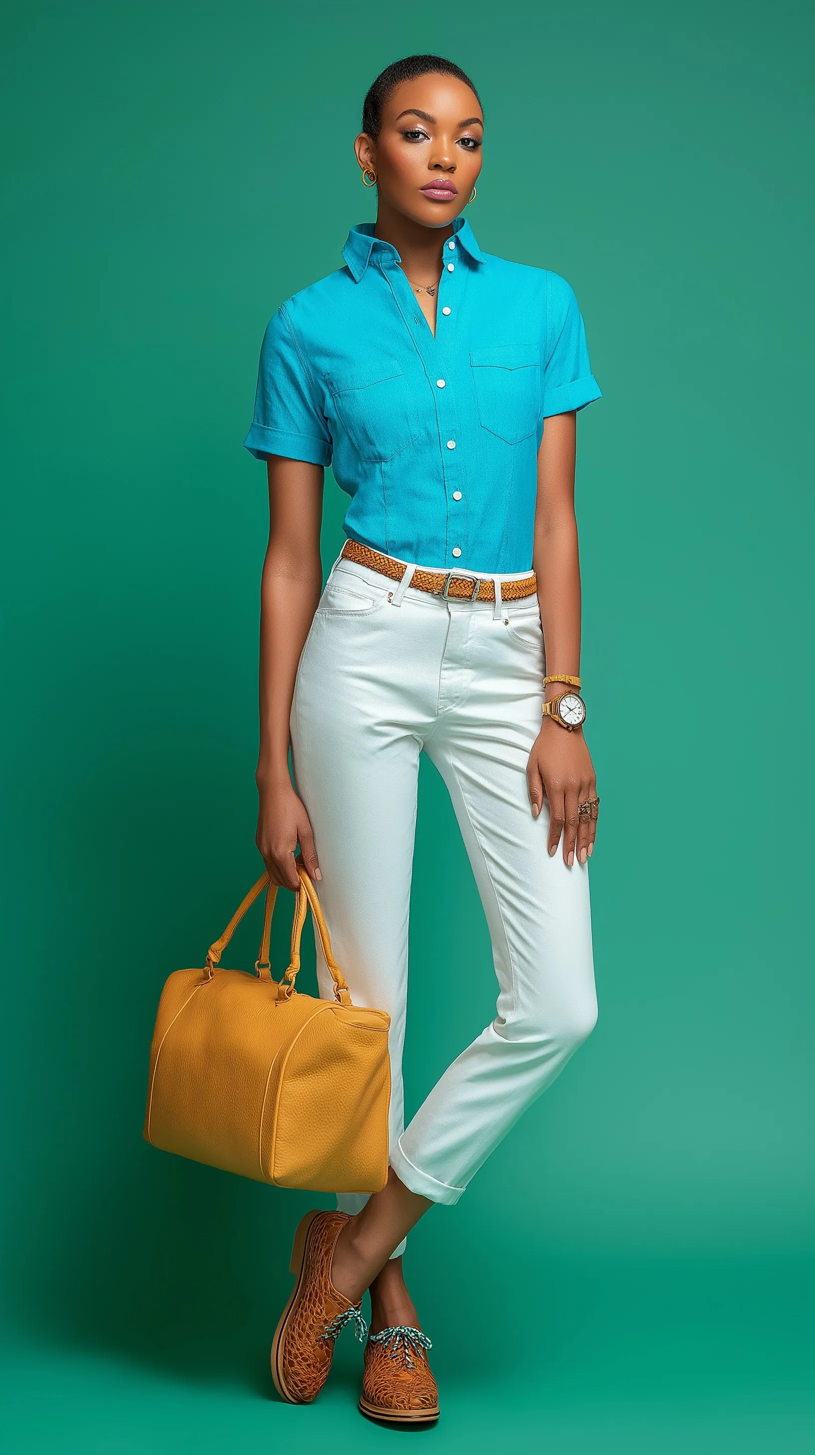 Black female model wearing a blue Cuban-collar shirt and ivory capri pants with a yellow bag against a green wall.
