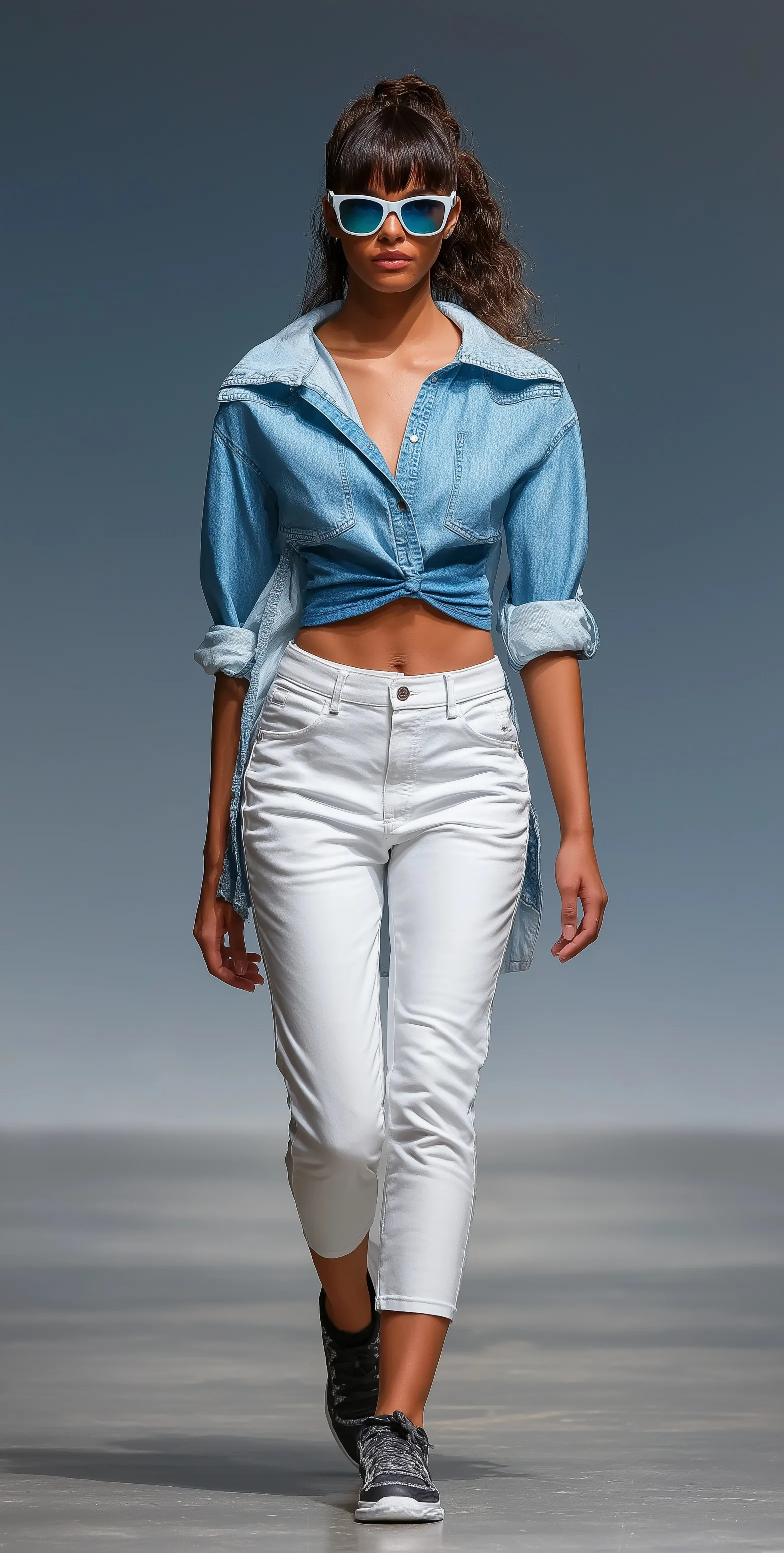 A model wearing a denim top and white capri pants walks the runway in sneakers and sunglasses, full-body fashion shot.