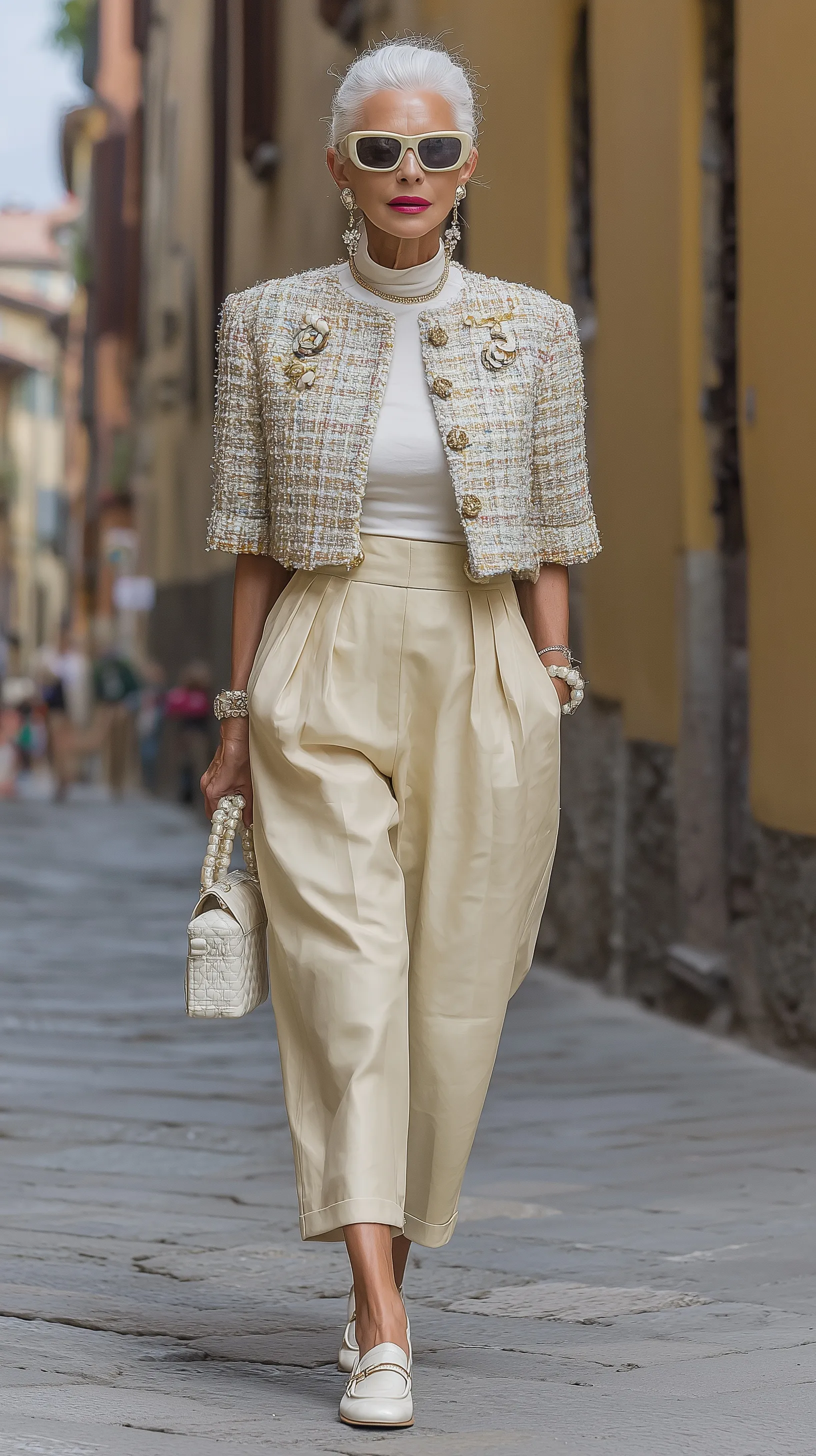 Elderly woman in chic cream tweed jacket and beige capri trousers walking on a Milan street.