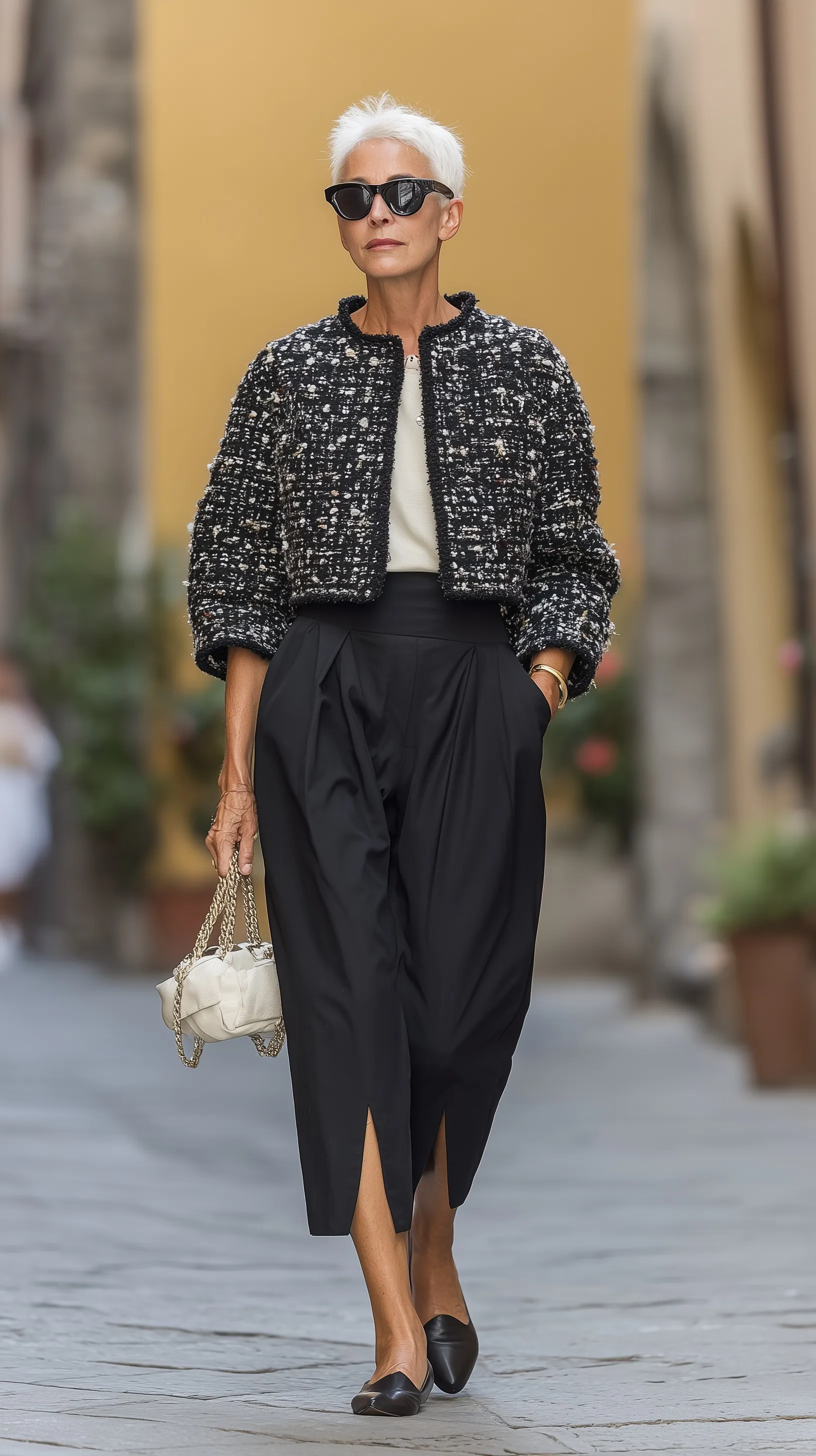 Confident elderly woman in a stylish summer tweed jacket and black culottes walking in a Milan alley.