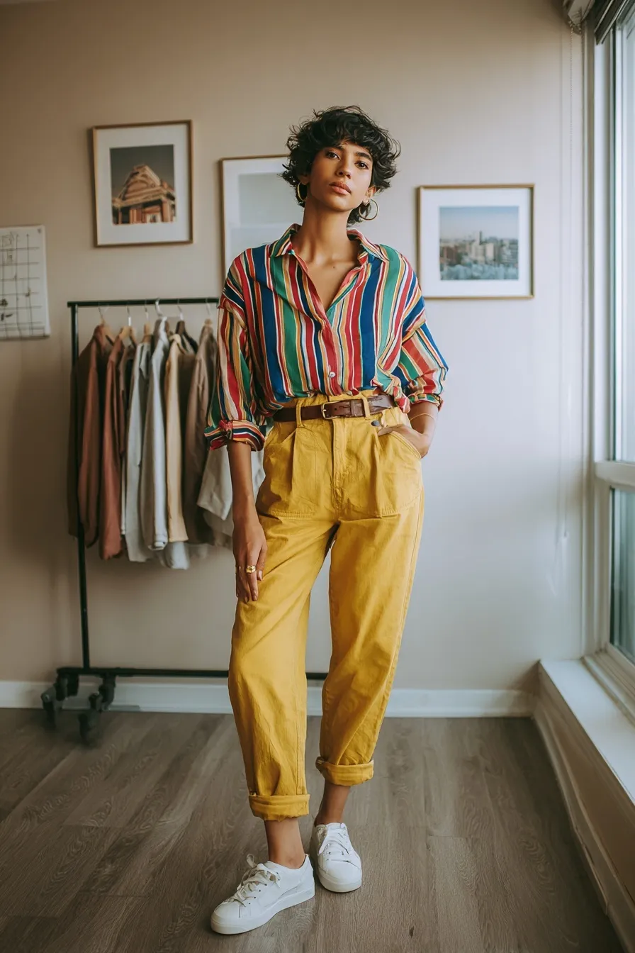 Model in a striped shirt and mustard capri pants standing in a sunlit bedroom with a clothing rack.