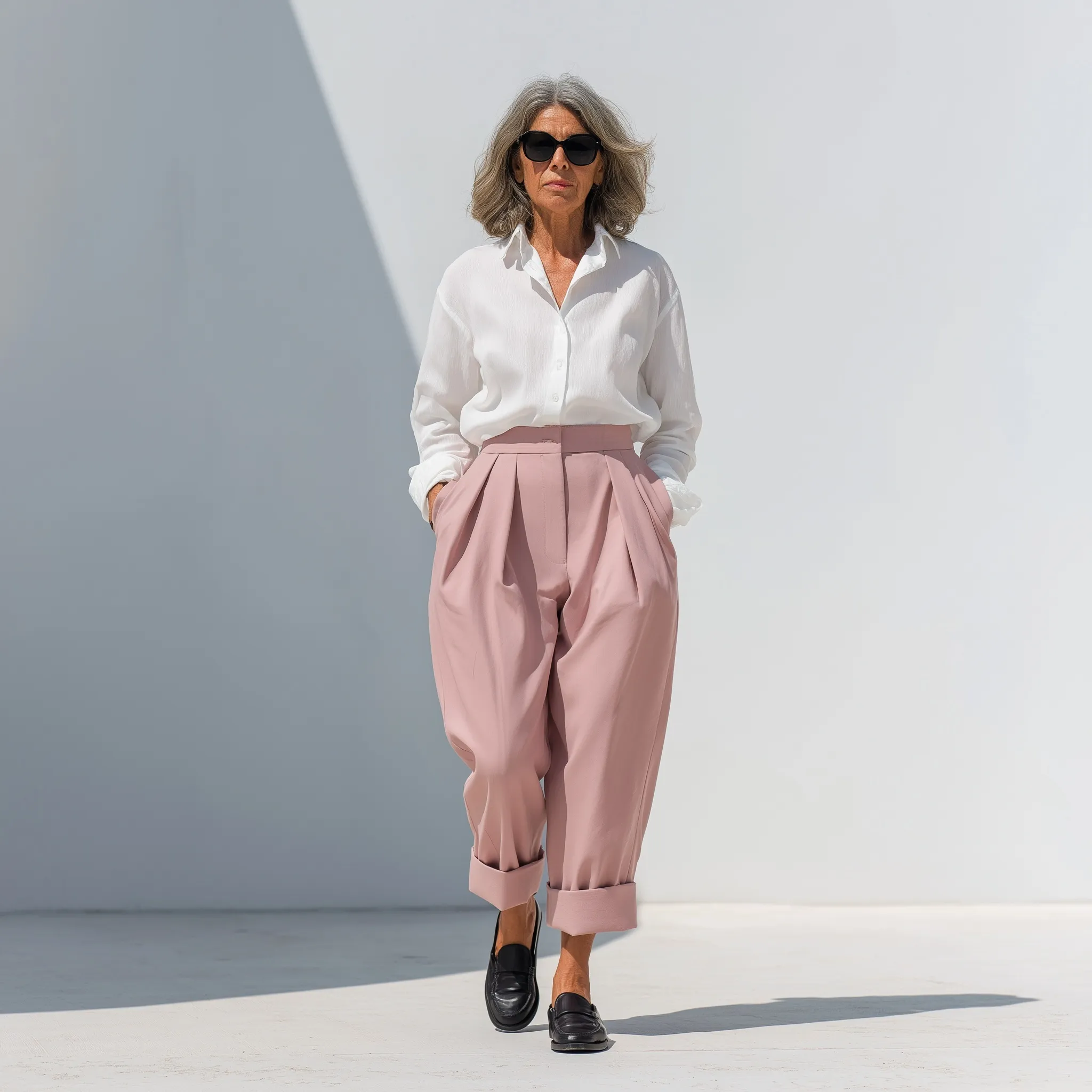 Stylish mature woman in a white button-down shirt and pink capri trousers walking confidently on a white background.