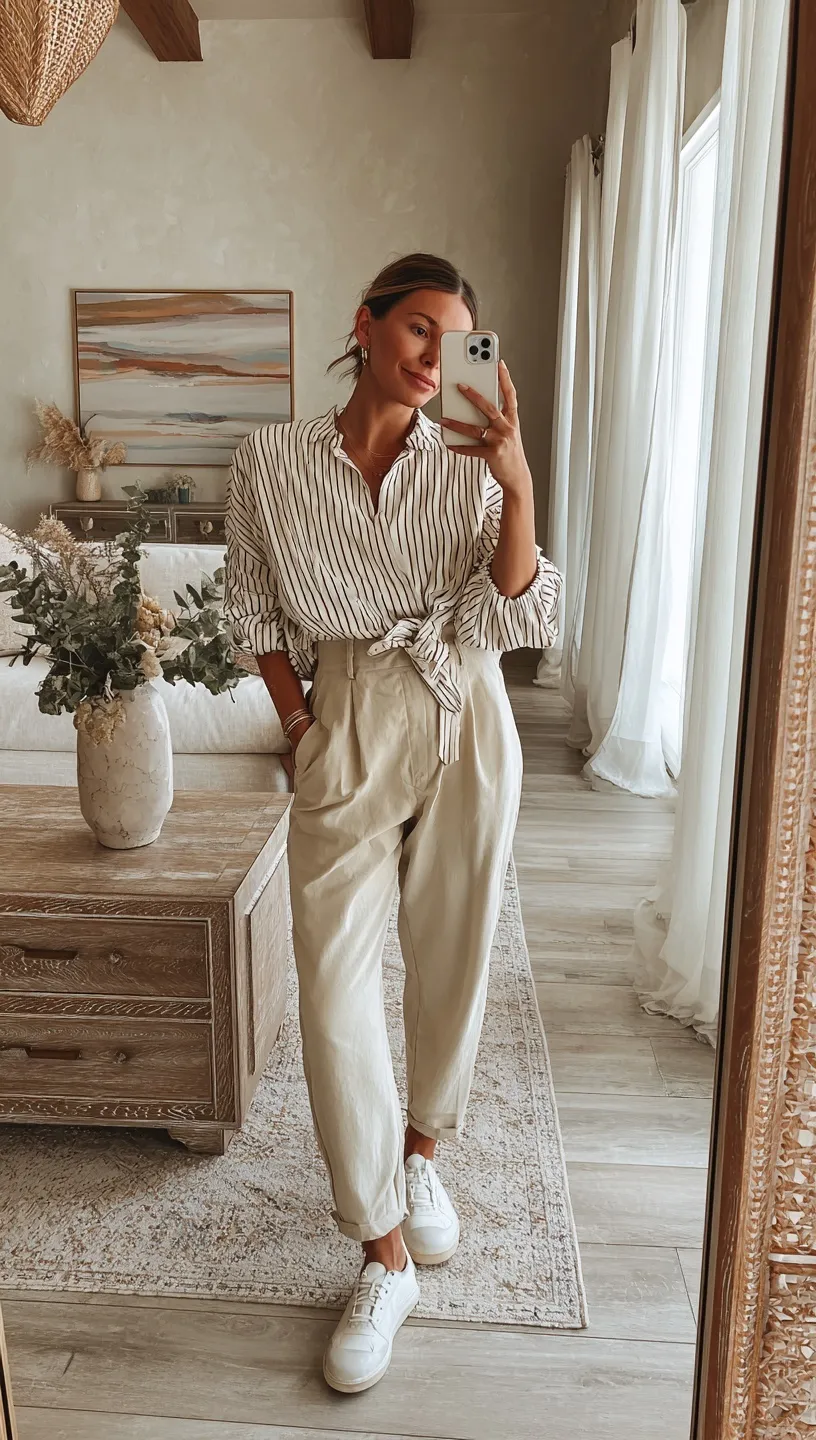 A stylish woman in a striped shirt and beige capri pants taking a mirror selfie in a trendy, sunlit living room.