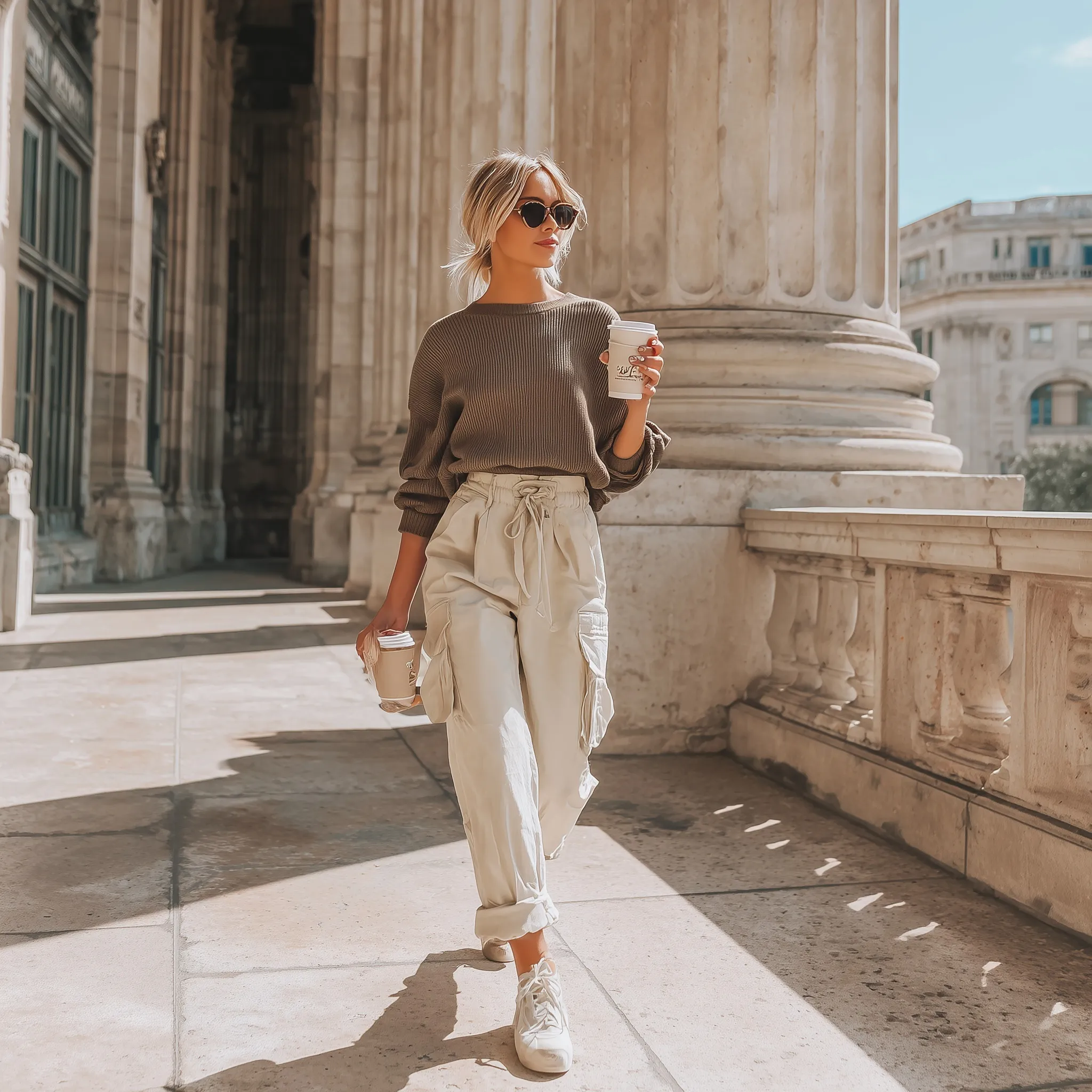 A stylish blonde woman in a trendy capri pant outfit walking through city streets with a coffee cup.