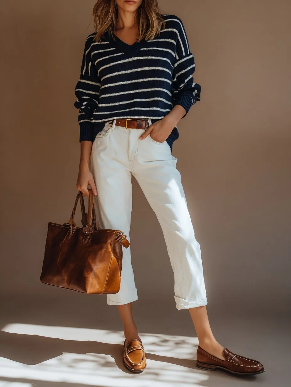 A stylish woman in a navy striped sweater and white capri pants with tan loafers and a brown leather handbag.