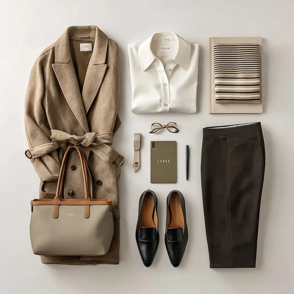 Minimalist flat lay of a professional camel trench coat, white blouse, and capri pants outfit on a white desk.