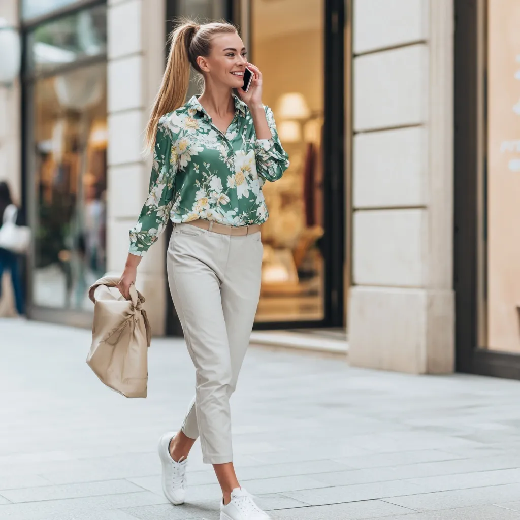 Elegant woman in a floral shirt and gray capri pants walking with a beige bag in a luxury fashion store.