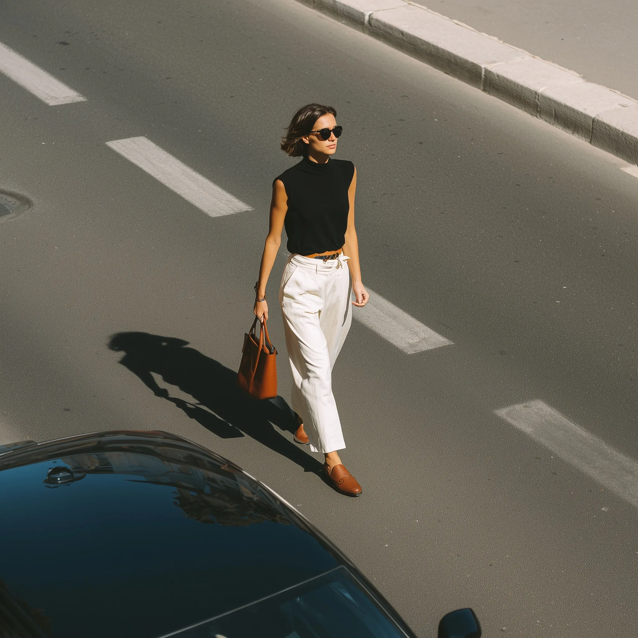 A French woman in a stylish white capri pant outfit walking across a city street, editorial streetstyle photography.