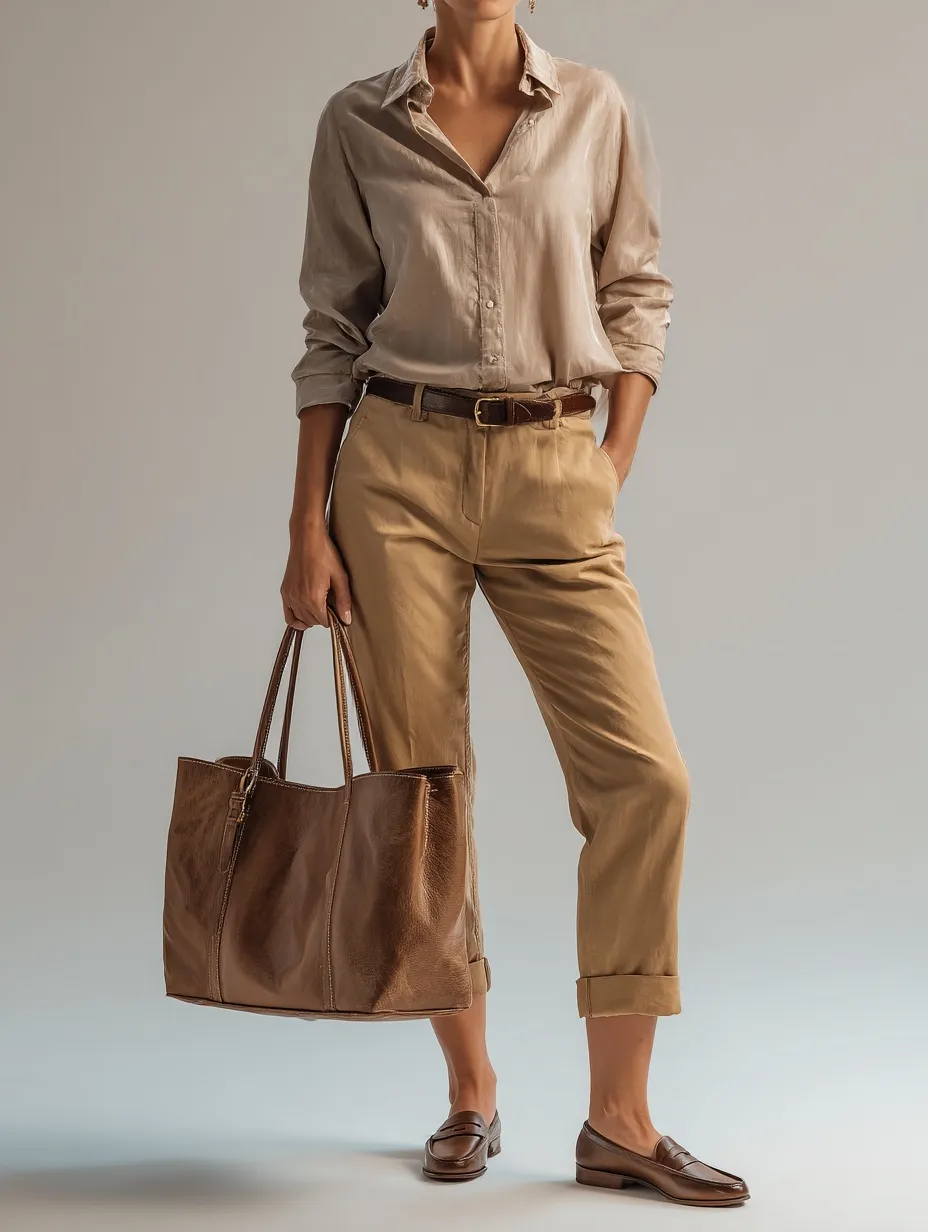 A stylish woman in a taupe blouse and camel cigarette capri pants with loafers in a clean studio setting.