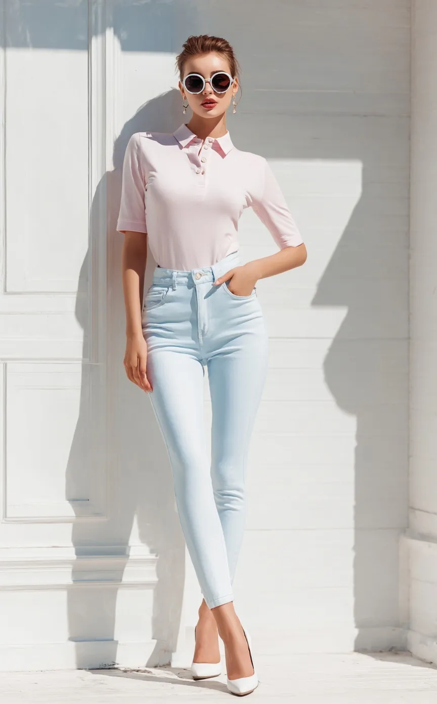 A woman wearing a pink collared half-sleeve top and light blue skinny capri pants with high heels outdoors.
