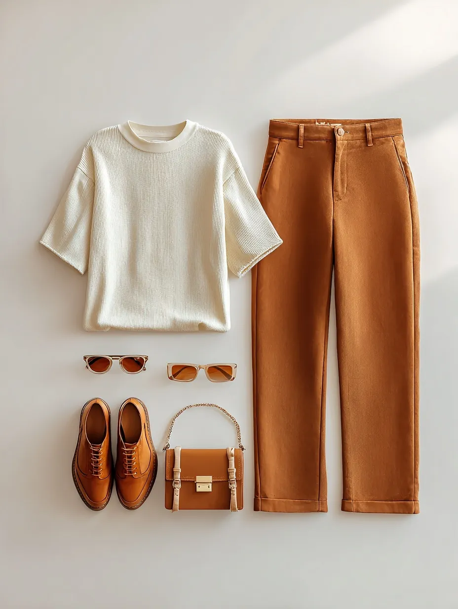 Flat lay of a cream t-shirt, rust brown capri pants, mini bag, and accessories on a clean white background.