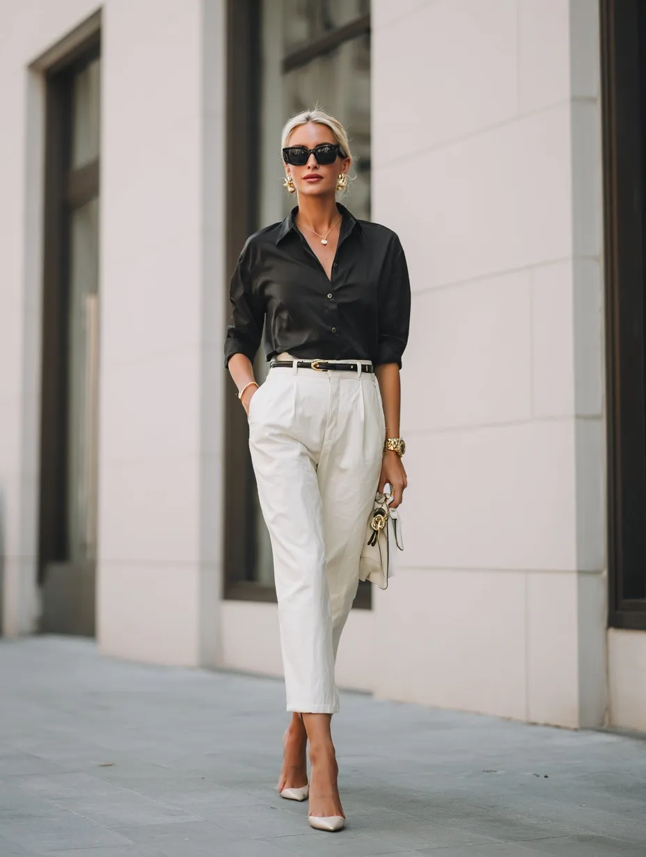 Stylish woman in a black shirt and white capri pants walking in the city with a luxury bag and sunglasses.