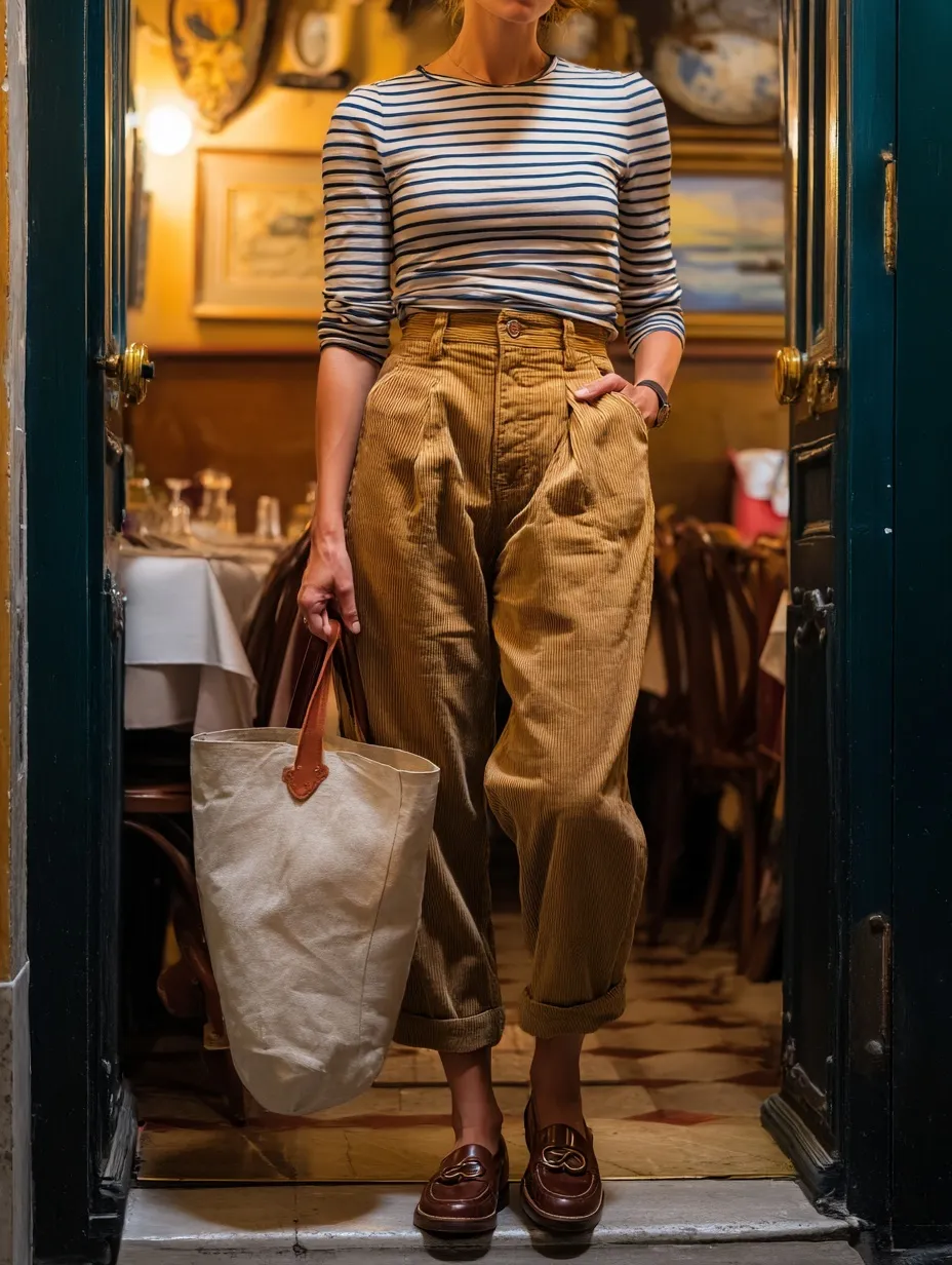 Mid-size woman in a stylish corduroy capri pant outfit and loafers entering a cozy cafe with a tote bag.