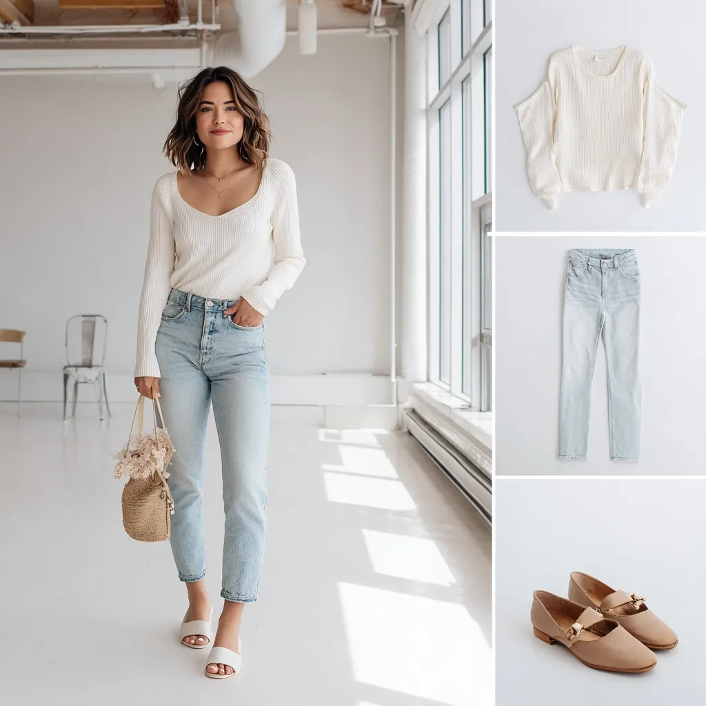 Influencer wearing a stylish denim capri pant outfit in a bright white studio with clickable product icons.