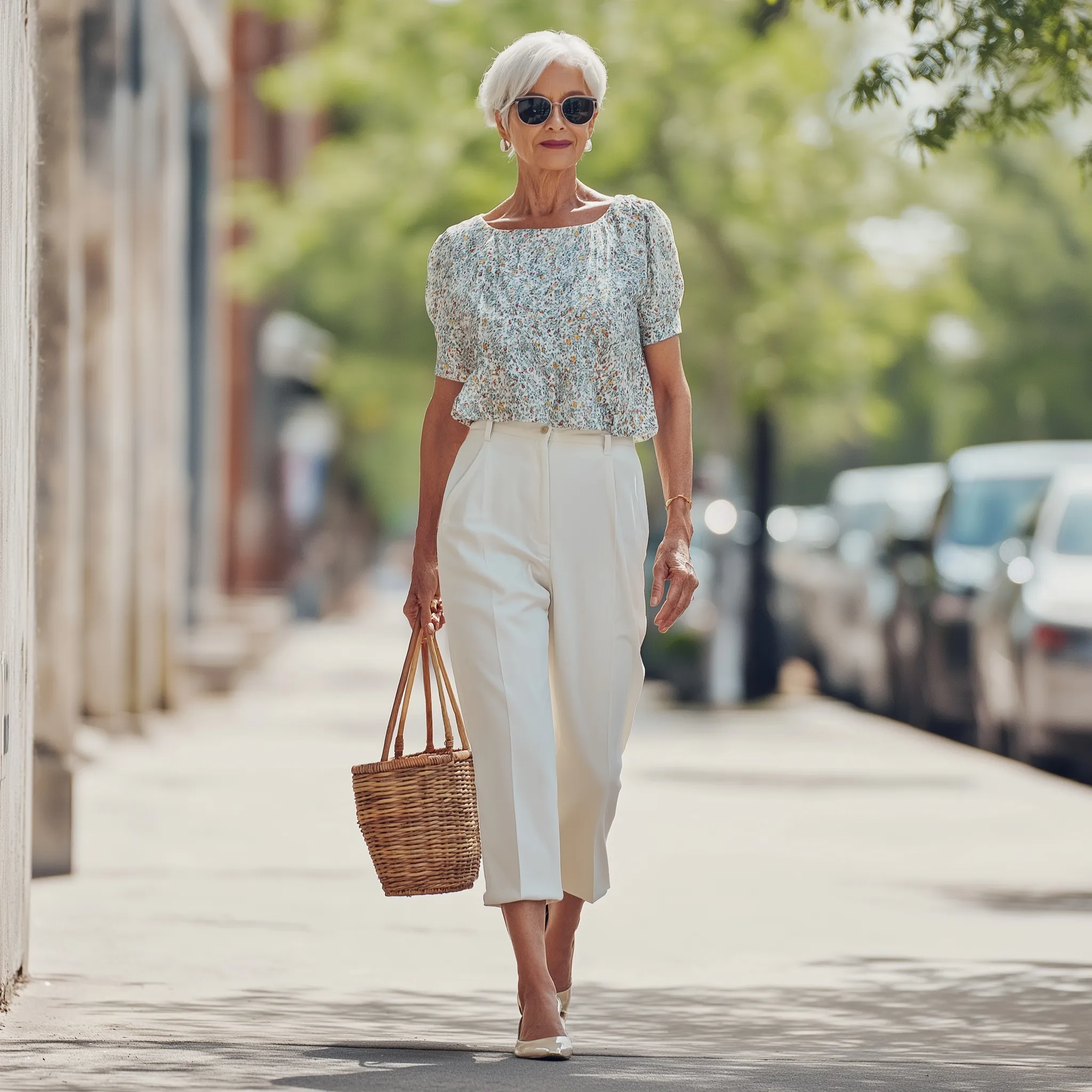 Stylish elderly woman in her 70s wearing a chic blouse and white capri pants walking confidently on a sunny city street.