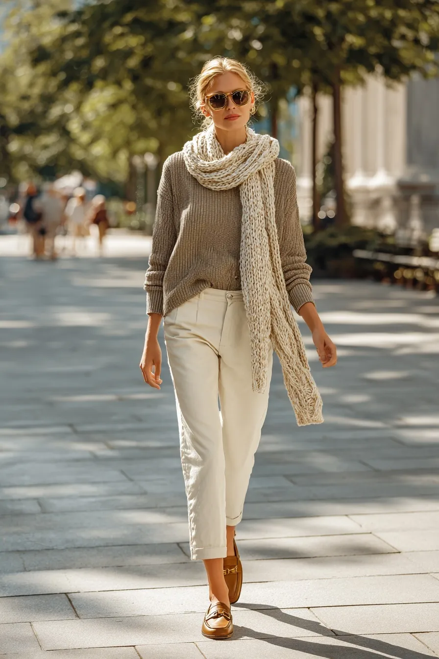 Stylish woman in capri pants, soft sweater, and loafers walking through a sunny park in a chic summer outfit.