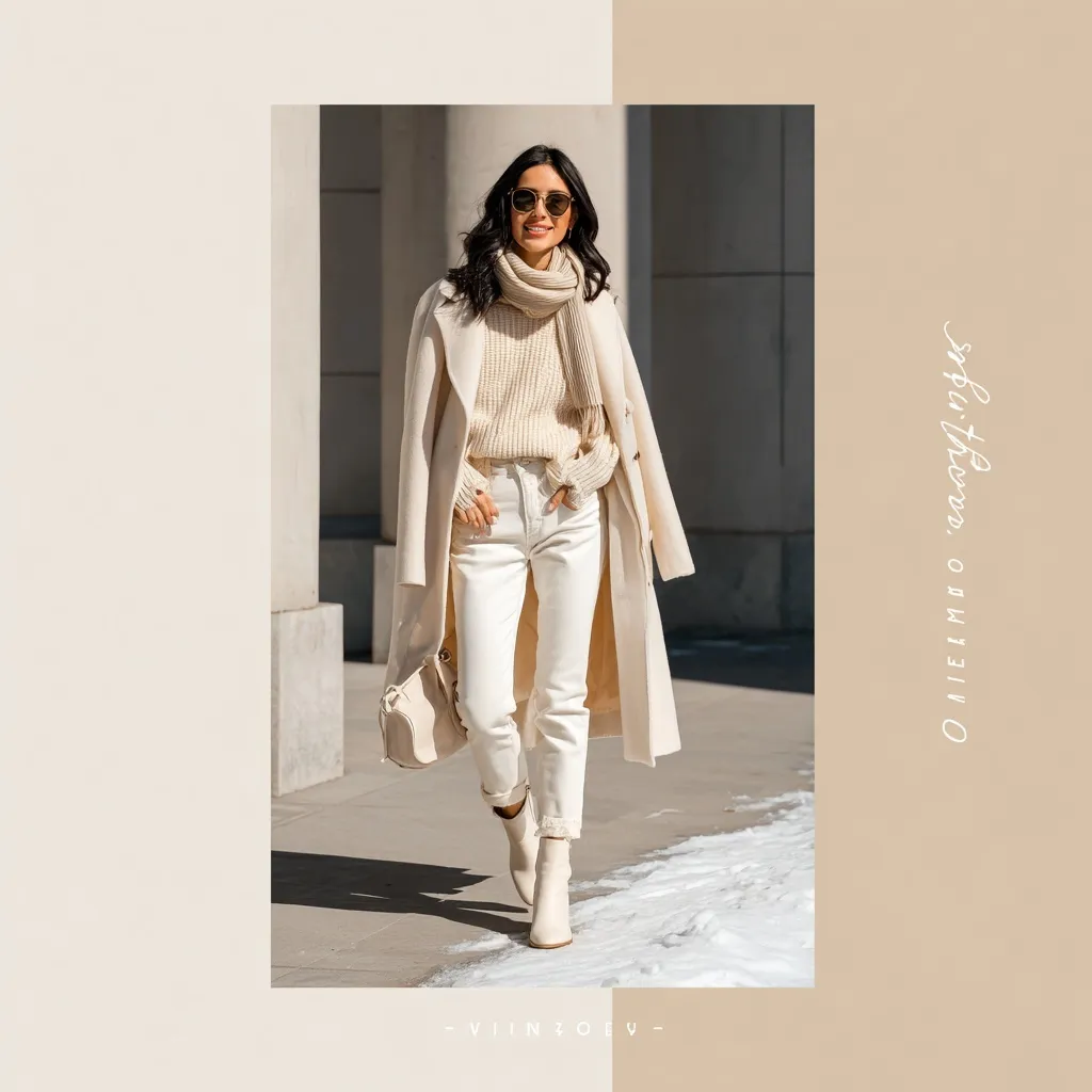 Stylish woman wearing a chic winter outfit with wool coat, chunky sweater, and ankle boots in a snowy setting.