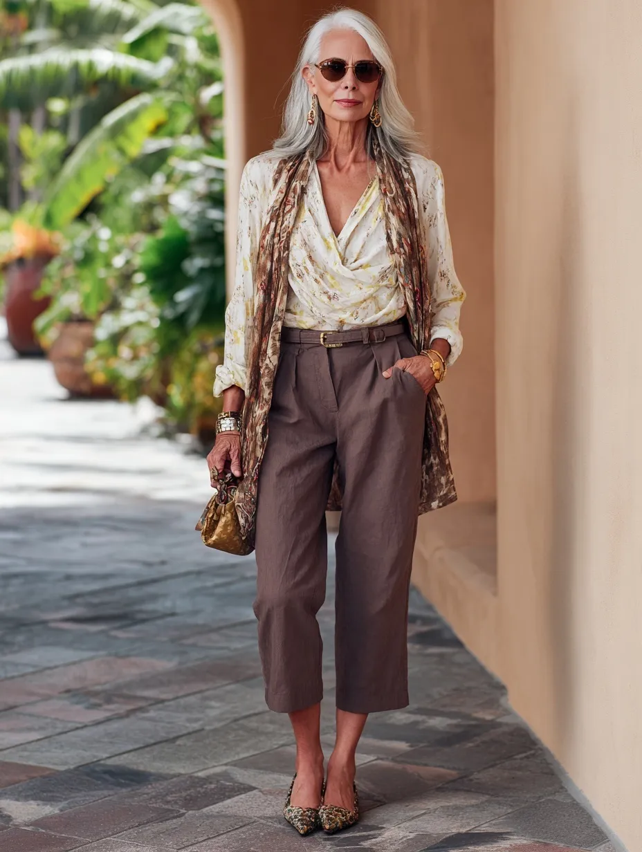 A mature woman in a sophisticated boho outfit with straight-leg capri pants and a draped blouse in a neutral setting.