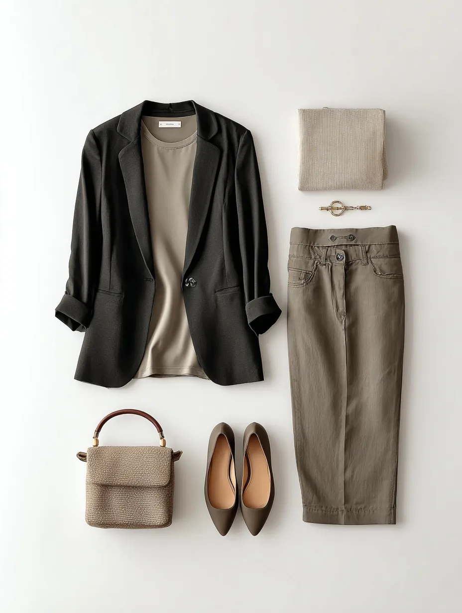 Flat lay of a professional women’s outfit featuring a taupe silky shirt, black blazer, and pants on white background.