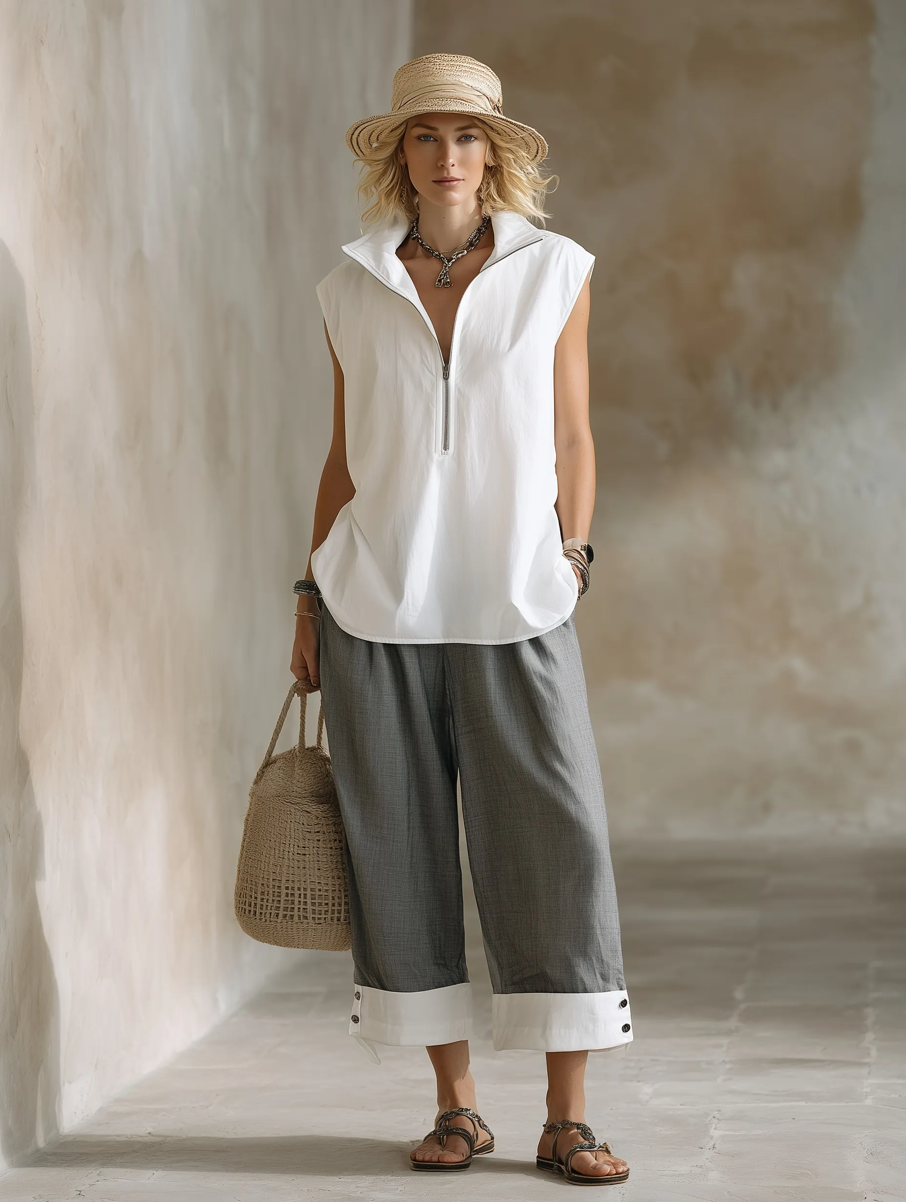 Fashionable woman in a white sleeveless top and gray wide-leg cropped capri pants posing with a woven bag and hat.