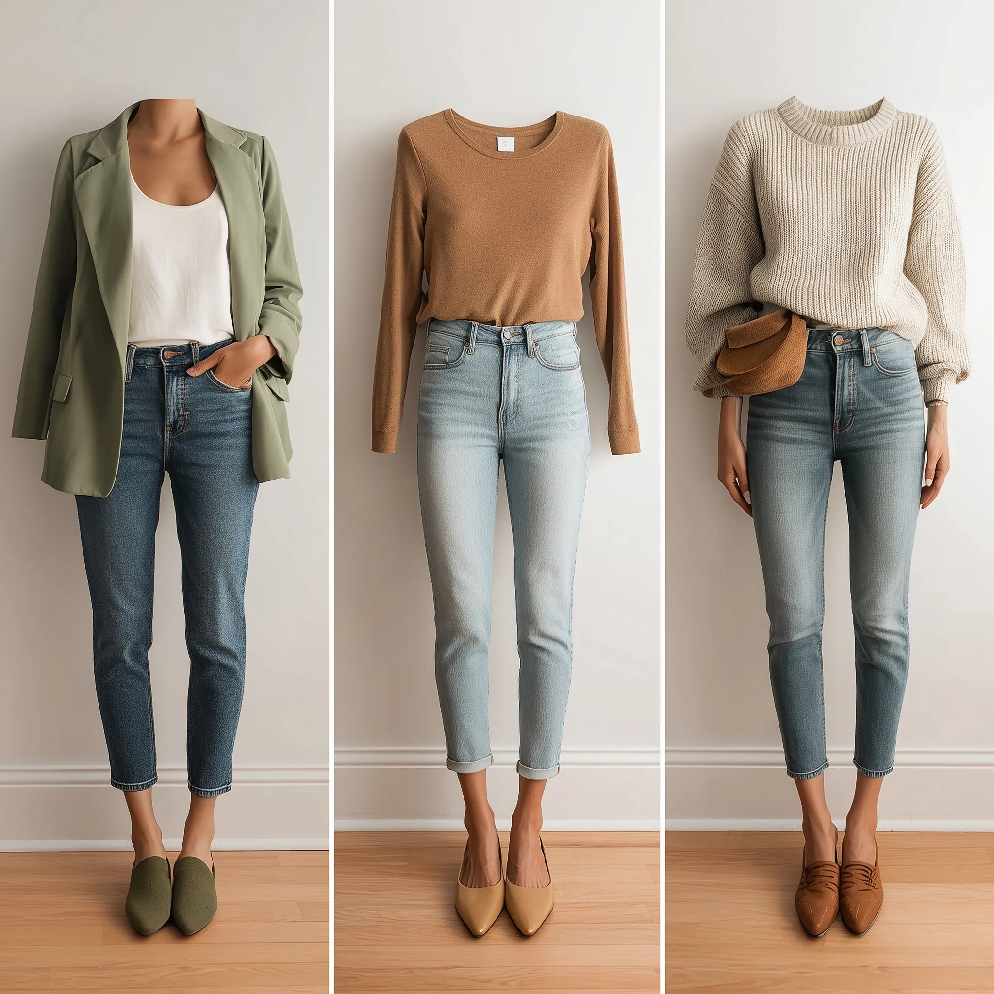 Three spring outfits with blue capri pants in casual, office, and weekend styles on a neutral background.