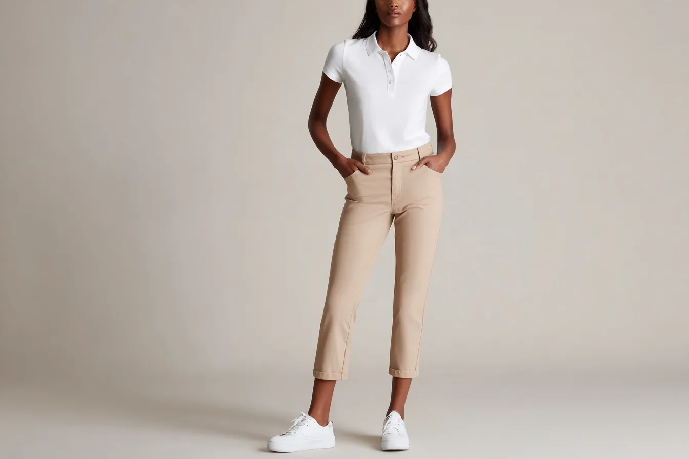 Faceless model in a white polo shirt, beige capri trousers, and white sneakers against a neutral studio background.