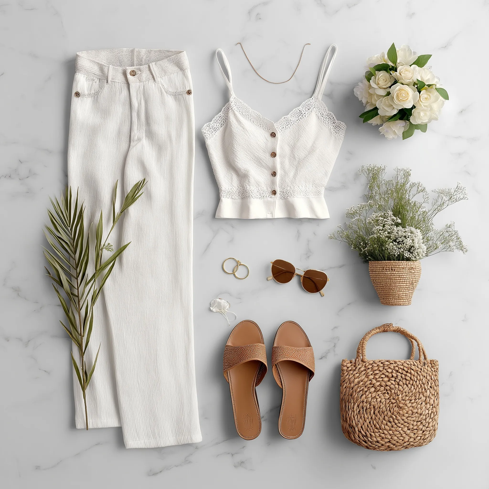Boho flatlay mockup featuring a white cami top and matching Capri pants on a neutral background.