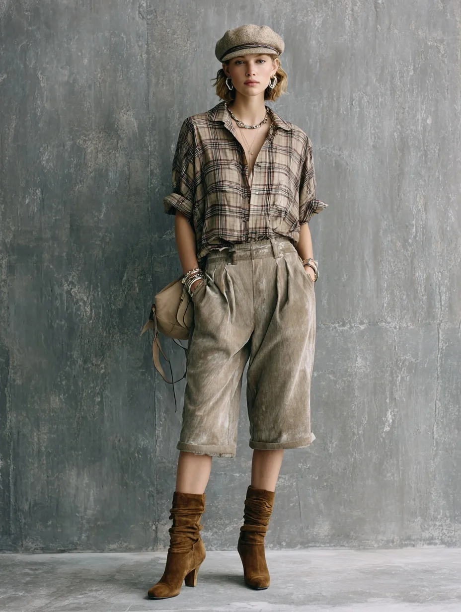 A fashion model in a khaki plaid shirt, knee-length capri shorts, and beret standing against a gray wall.