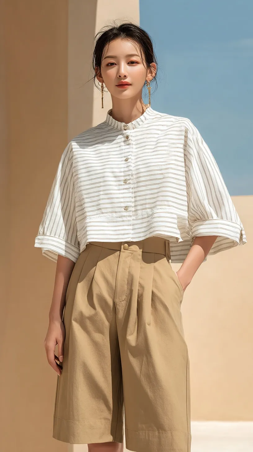 Asian woman model wearing a striped cropped shirt and khaki culottes standing against a beige wall.
