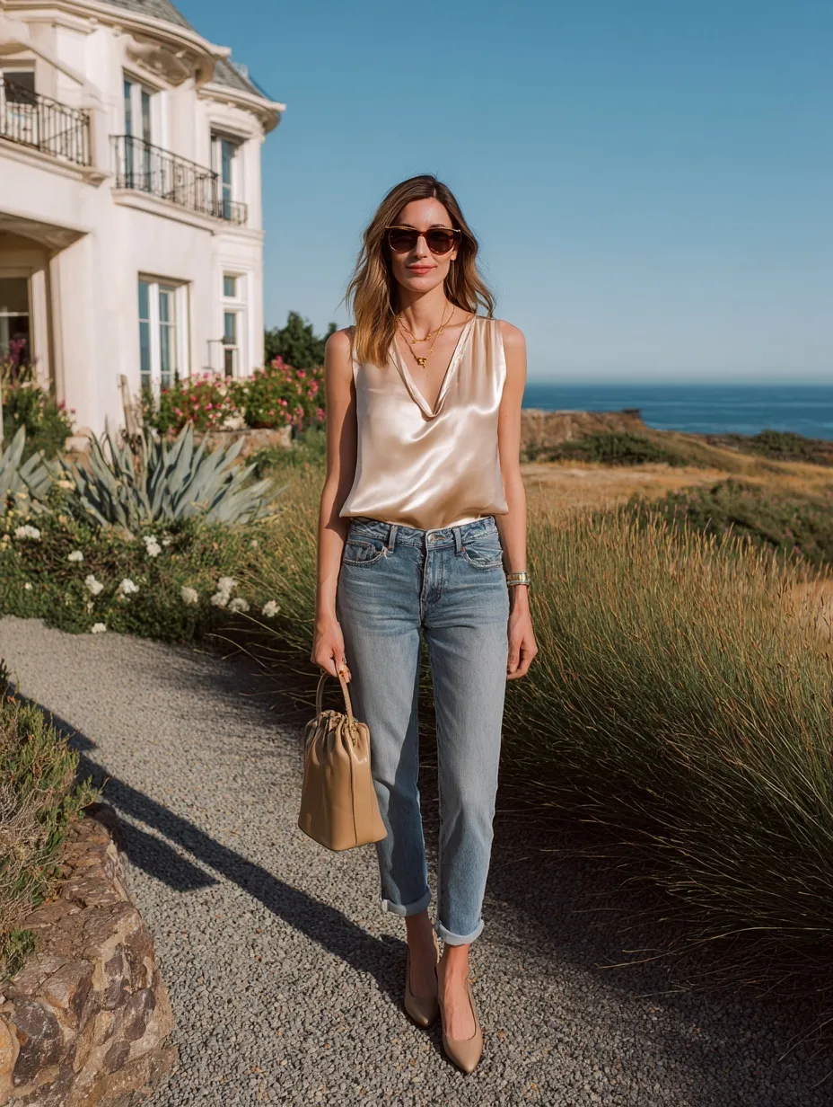 Stylish woman in a champagne silk blouse and capri jeans walking near a coastal villa with a classic leather bag.