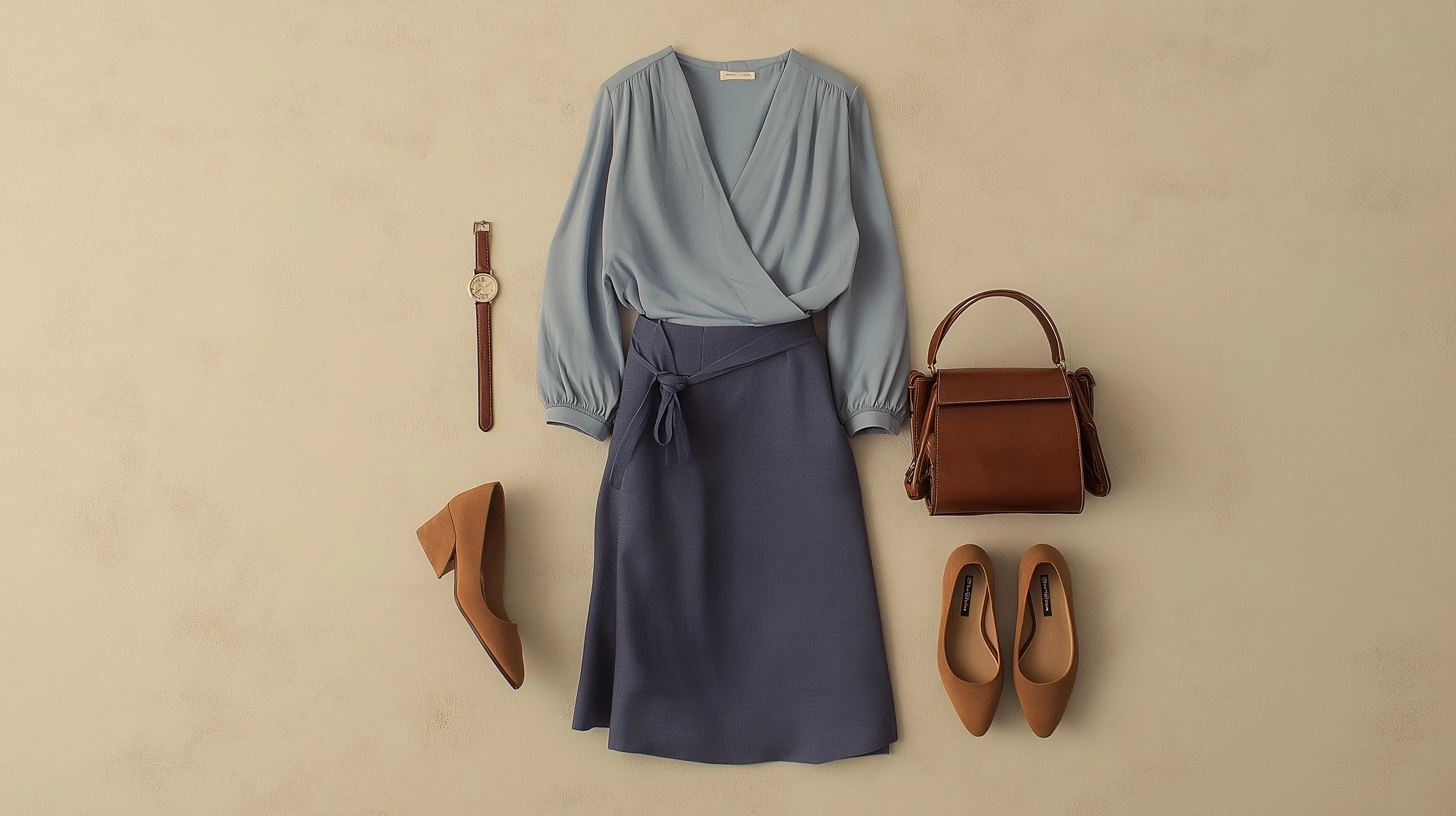 Flat lay of a professional navy blue blouse and pencil skirt outfit with brown leather accessories on neutral.