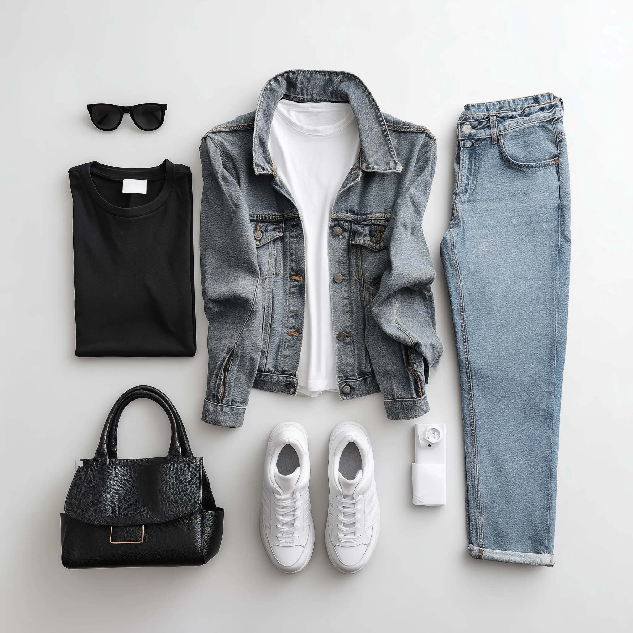 Flat lay of a men's summer capsule wardrobe outfit featuring denim jeans, a jacket, white sneakers, and accessories.