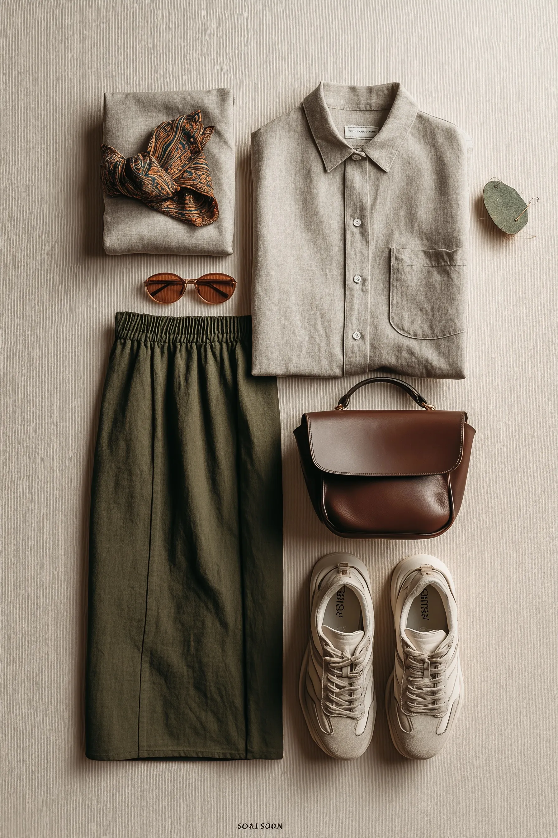 Knolling flat lay of a sustainable capsule wardrobe featuring a linen shirt, midi skirt, and eco-friendly accessories.