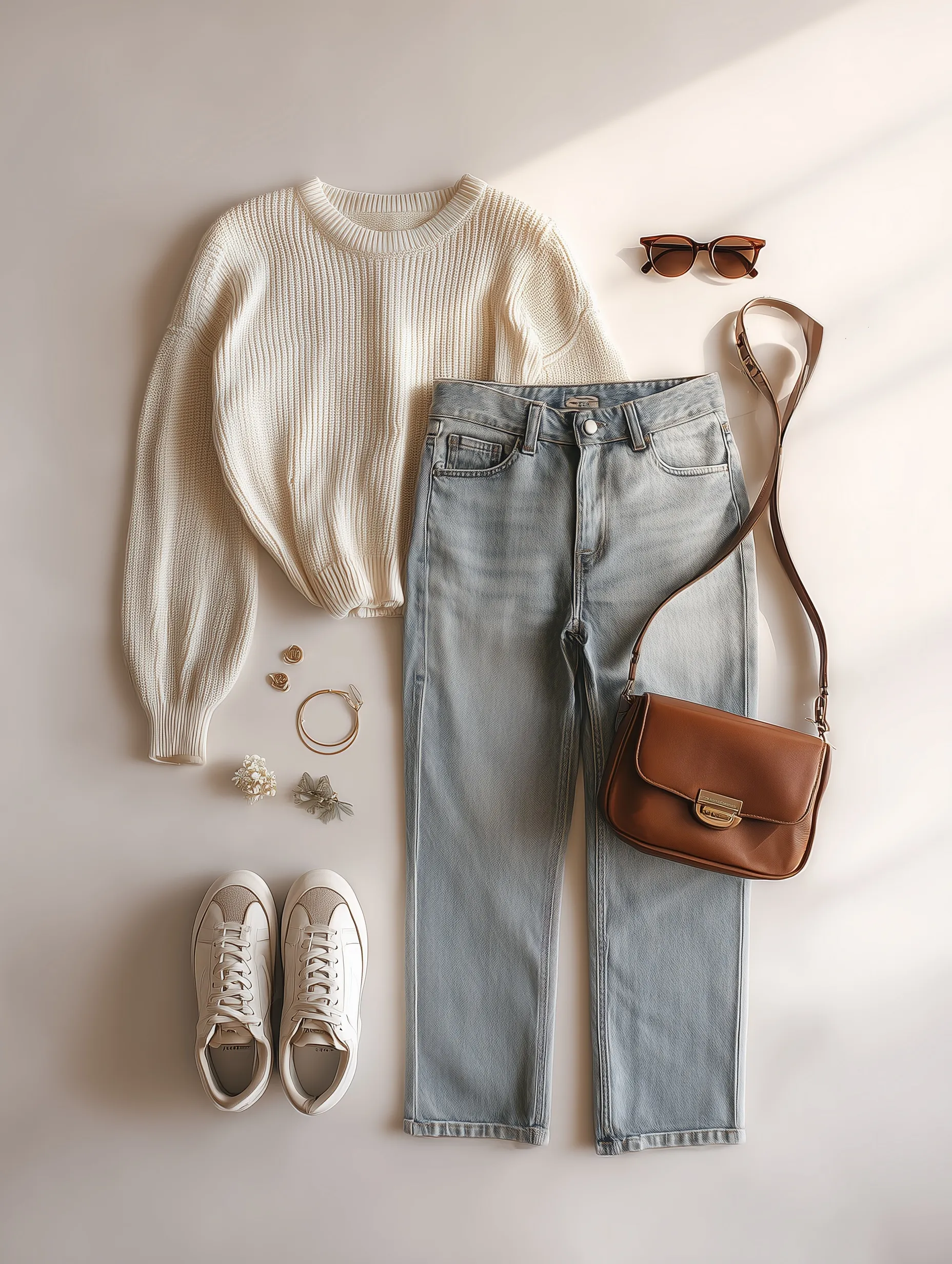 Flat lay of a trendy women's capsule wardrobe outfit with a cream knit top, jeans, and accessories on a clean floor.