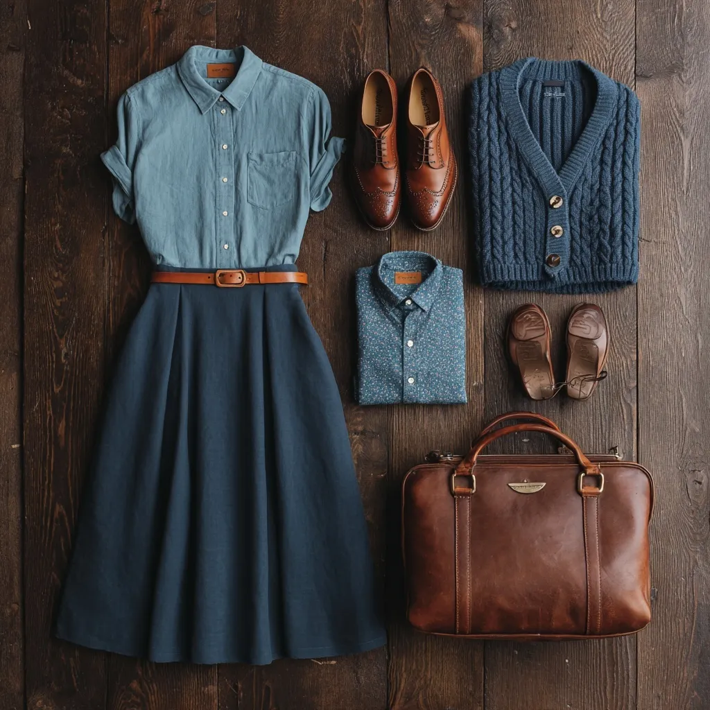 Minimalist capsule wardrobe flatlay with blue skirt, vintage blouse, brown leather shoes, and accessories on wood.
