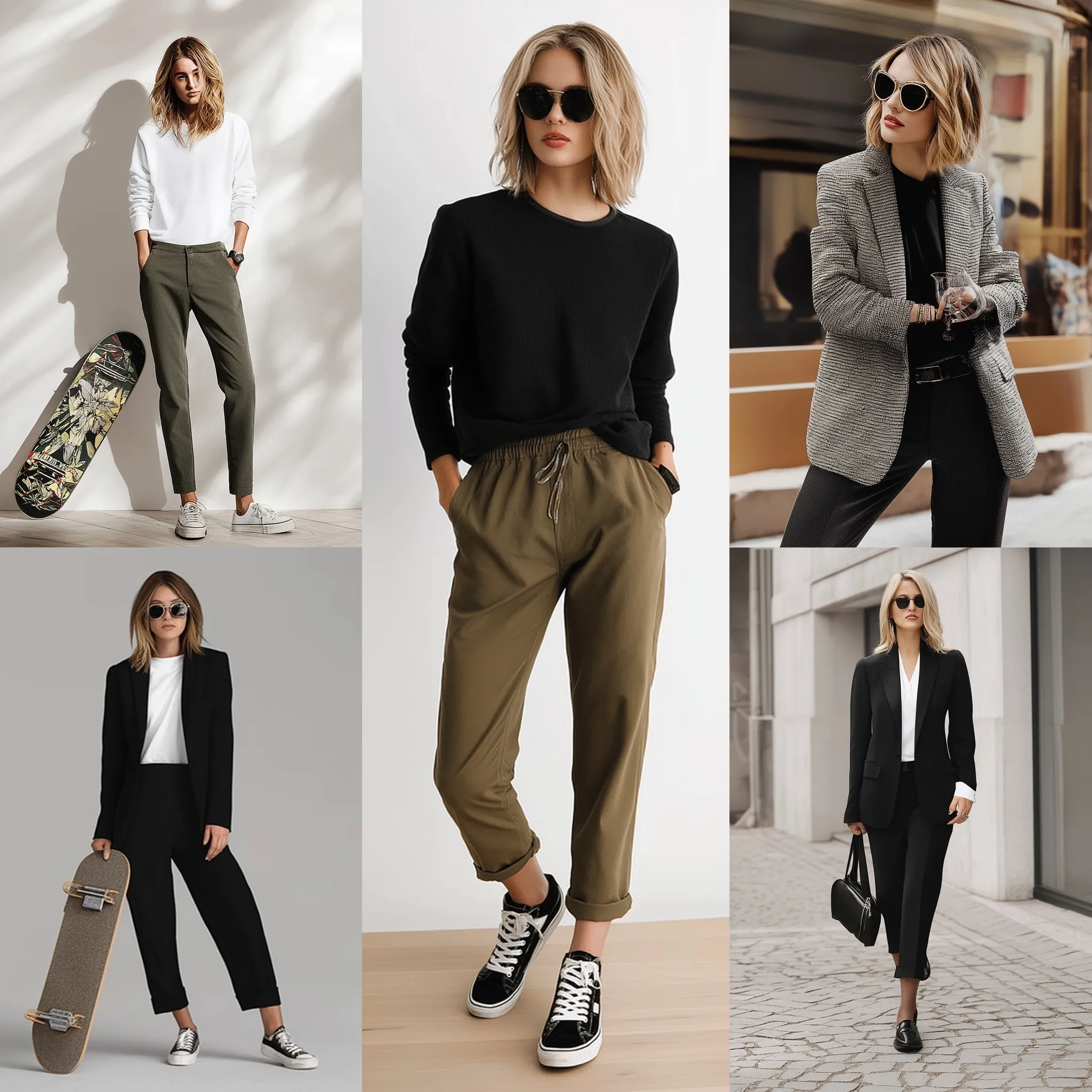 A stylish woman wearing a relaxed skater-inspired outfit blended with business casual clothing.