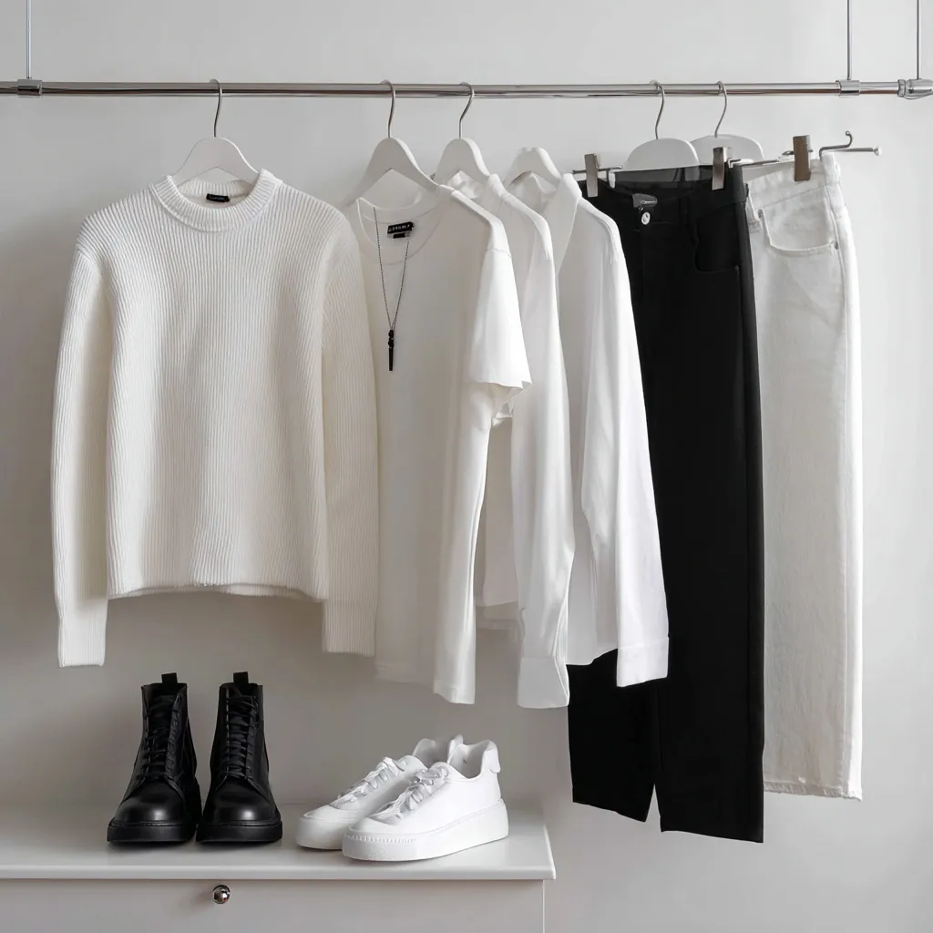 Minimalist capsule wardrobe featuring a monochrome black and white women’s outfit and shoes in a clean closet.